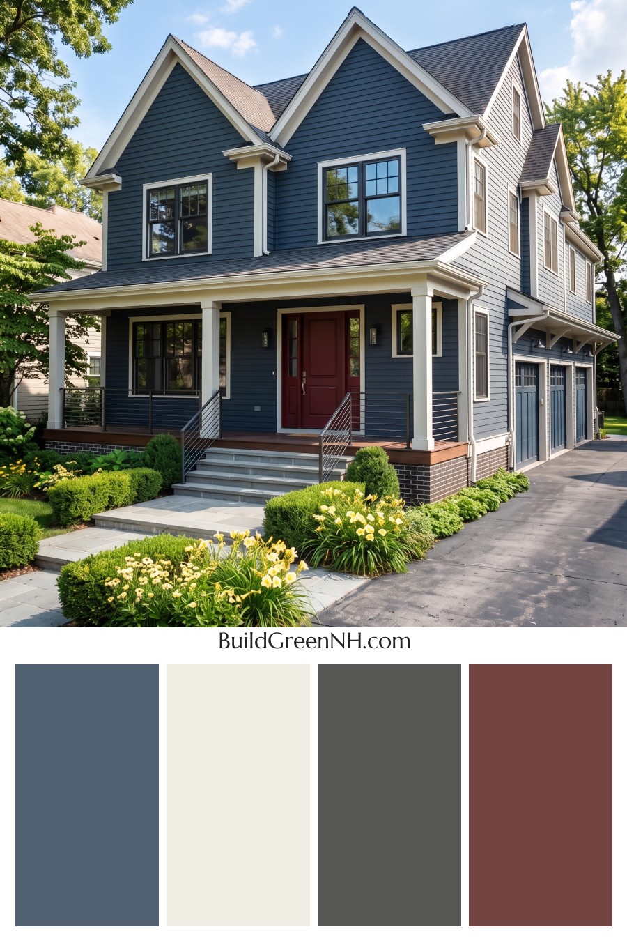 Red Front Door House Paint Color Scheme: Midnight Blue Assurance