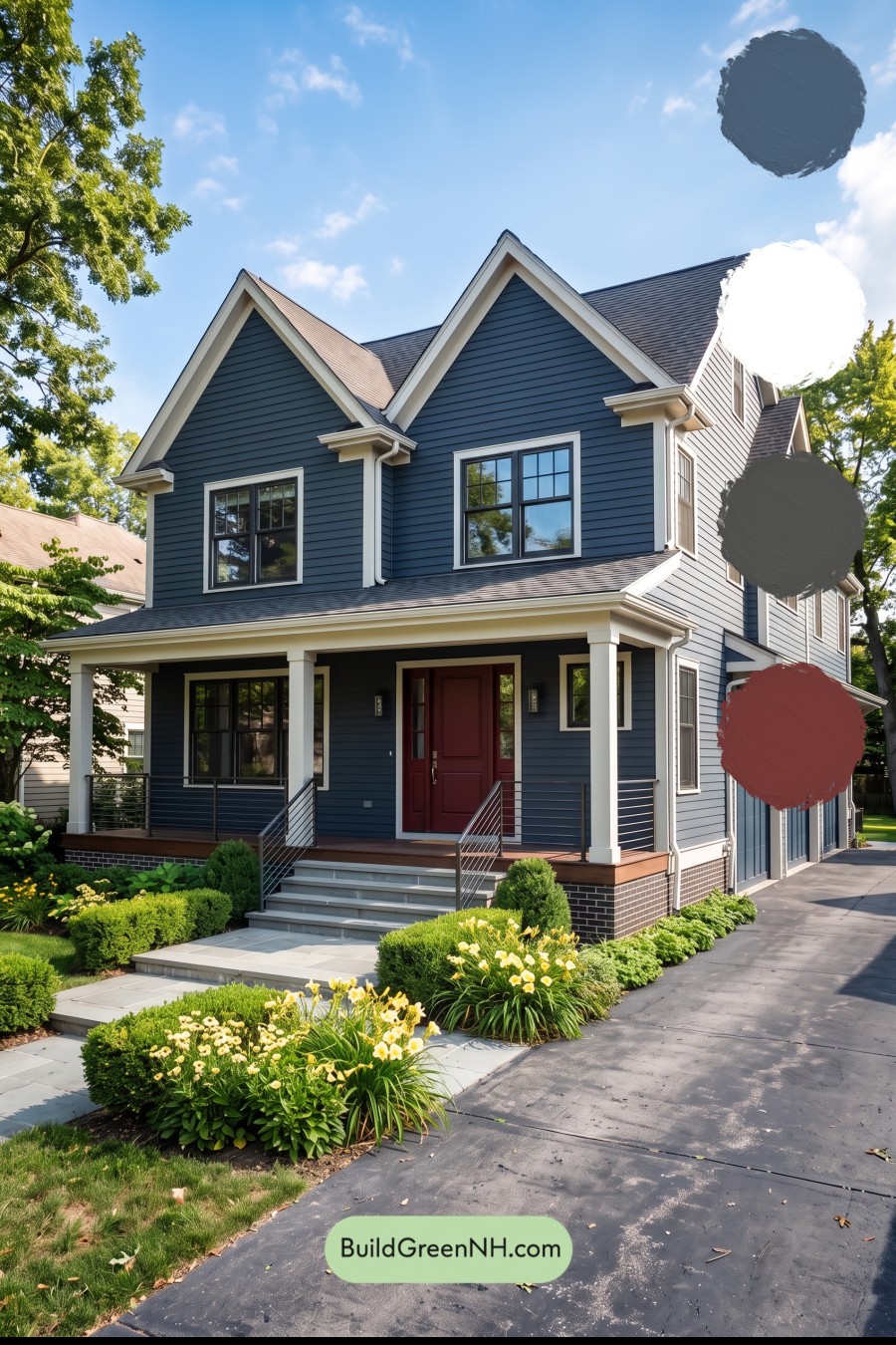 Red Front Door House Paint Color Scheme: Midnight Blue Assurance