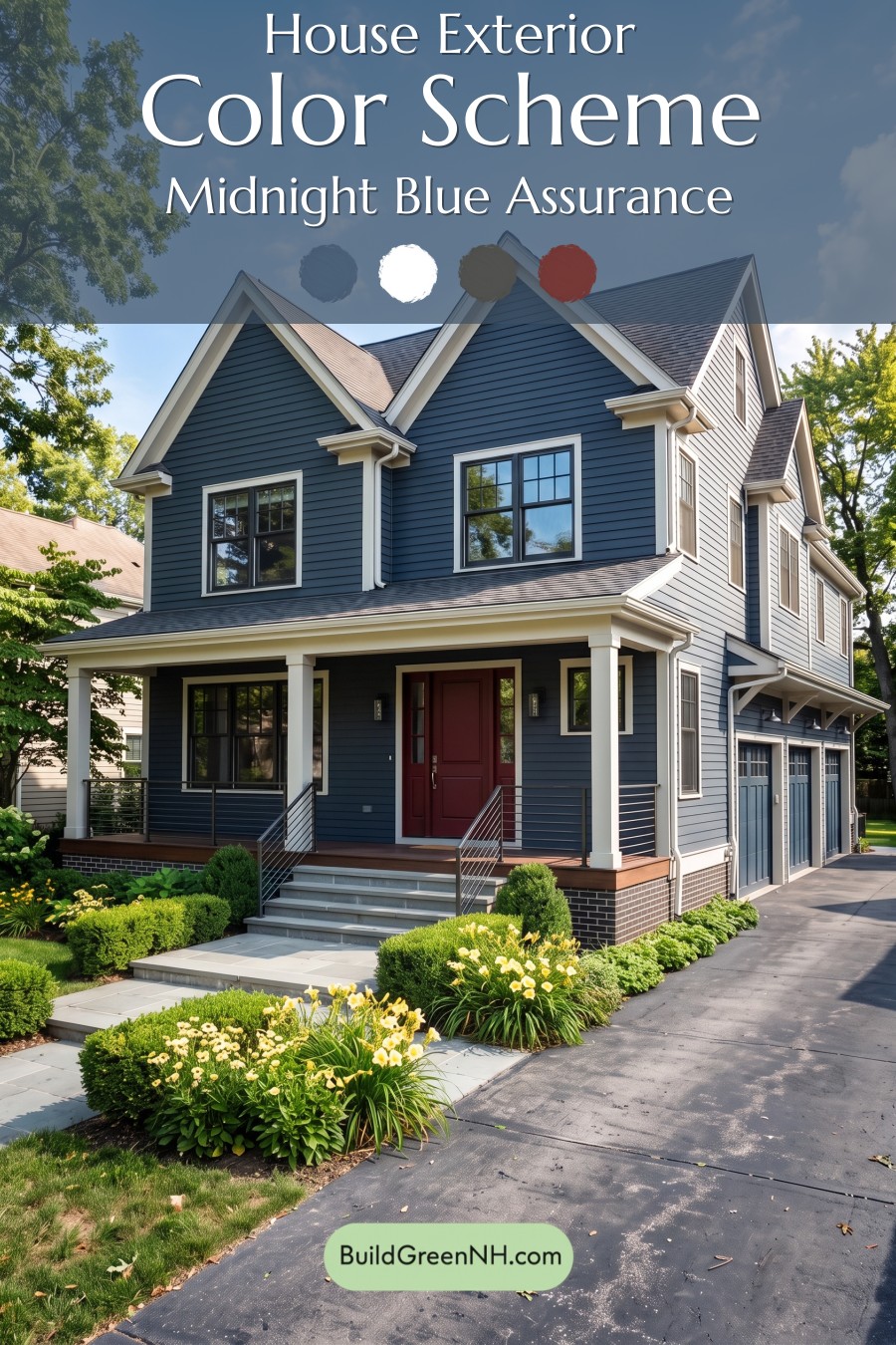 Red Front Door House Paint Color Scheme: Midnight Blue Assurance