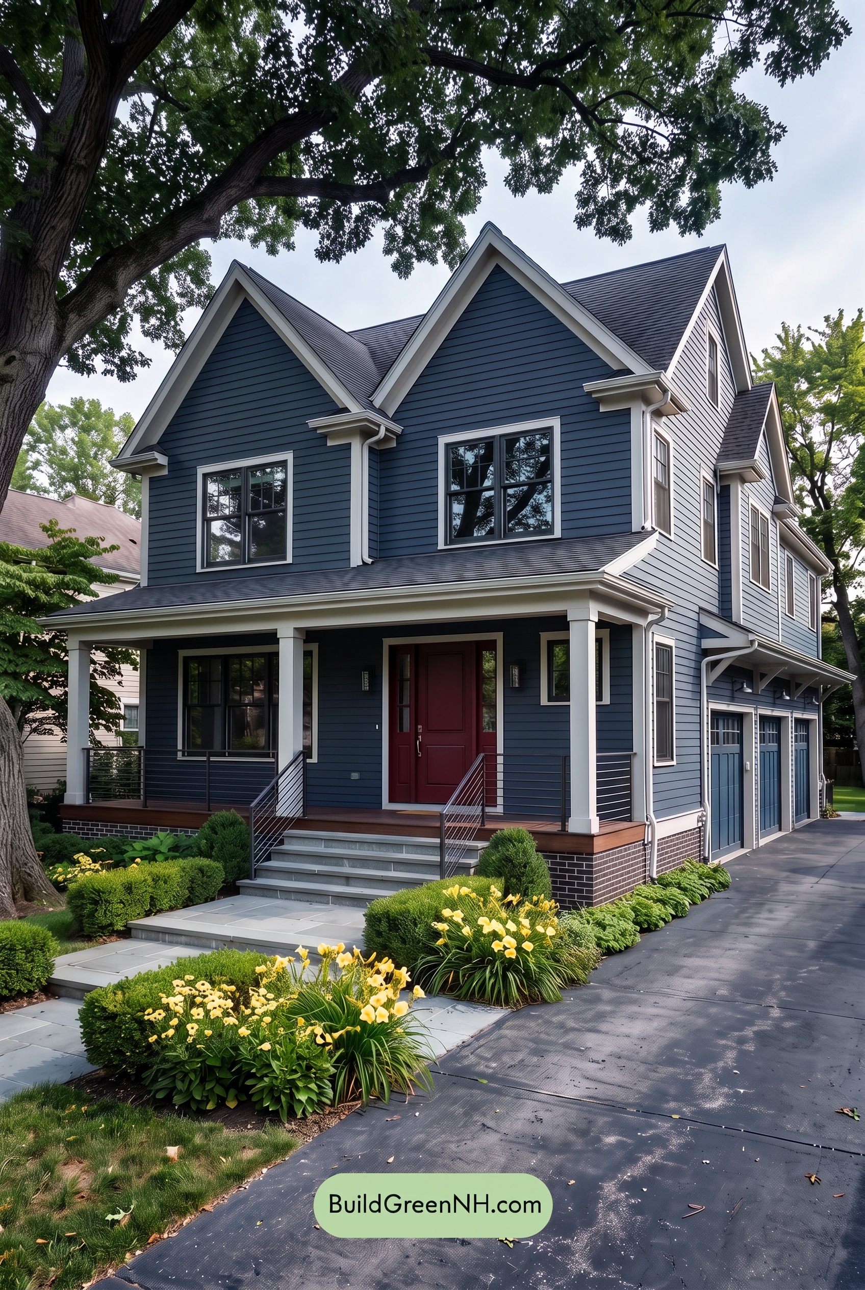 Red Front Door House Paint Color Scheme: Midnight Blue Assurance - Shade
