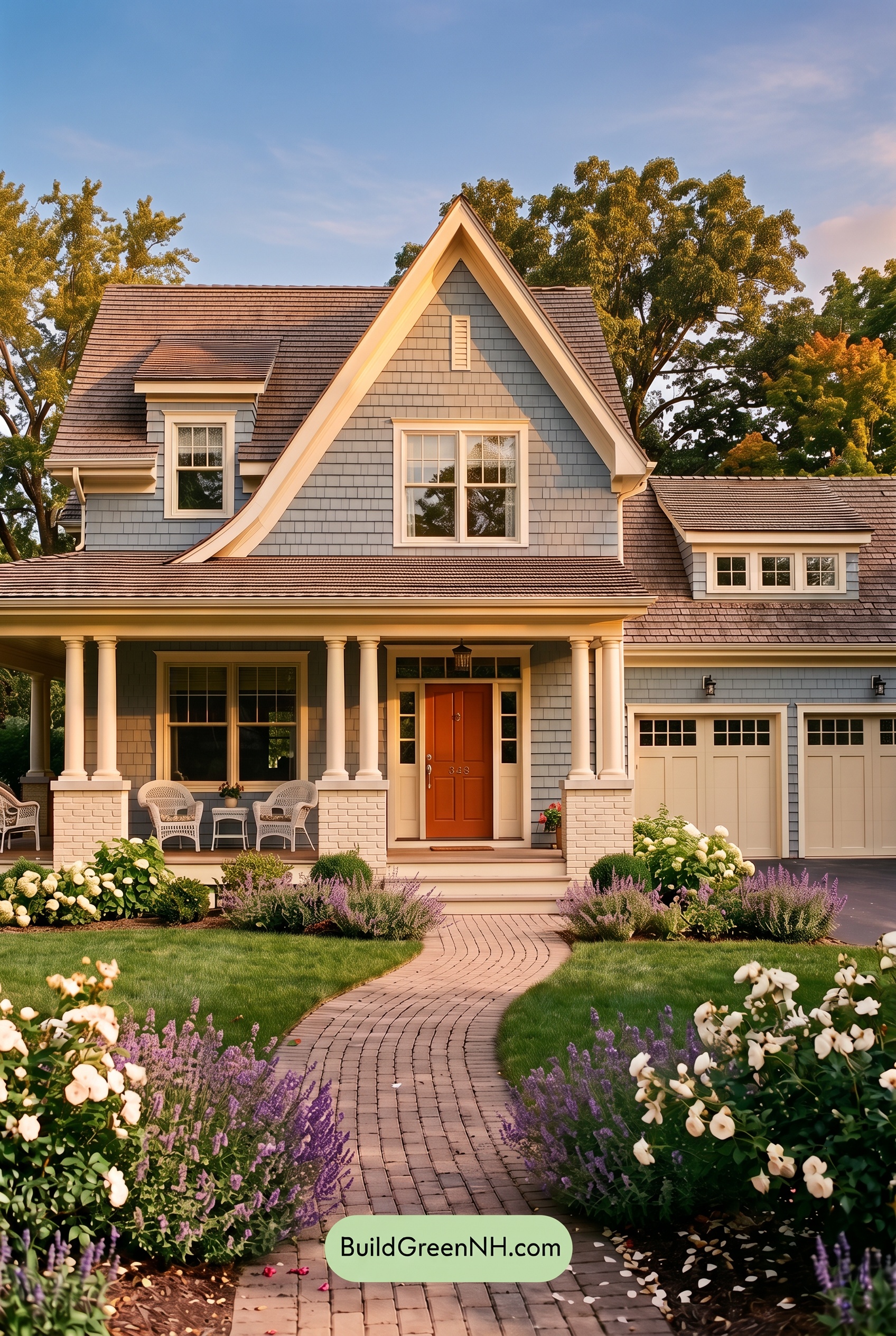Red Front Door House Paint Color Scheme: Pale Blue Joy - Golden Hour