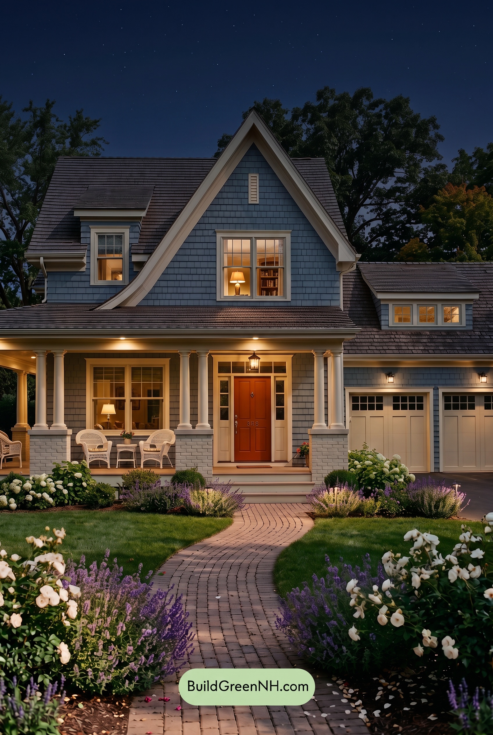Red Front Door House Paint Color Scheme: Pale Blue Joy - Nighttime