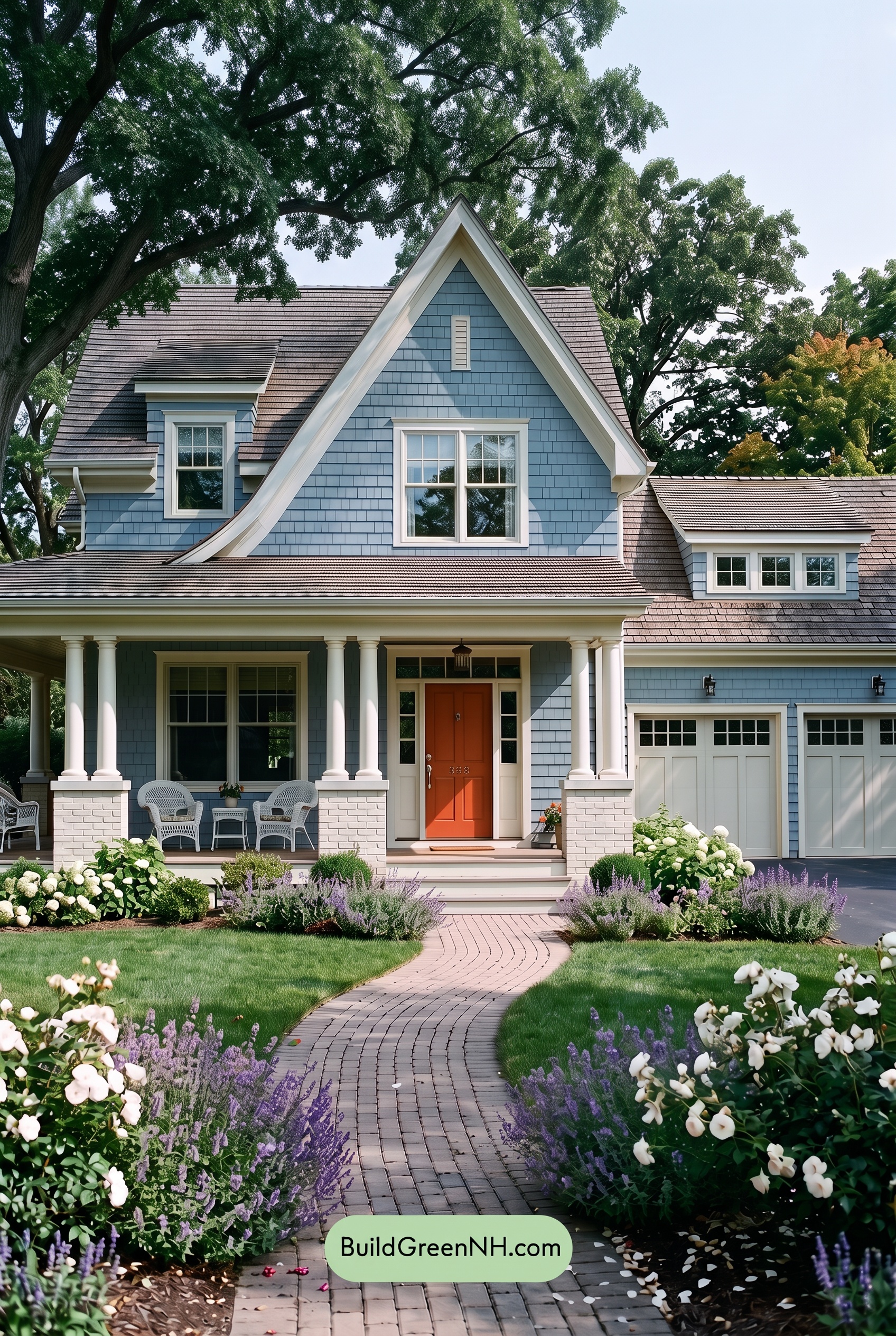 Red Front Door House Paint Color Scheme: Pale Blue Joy - Shade