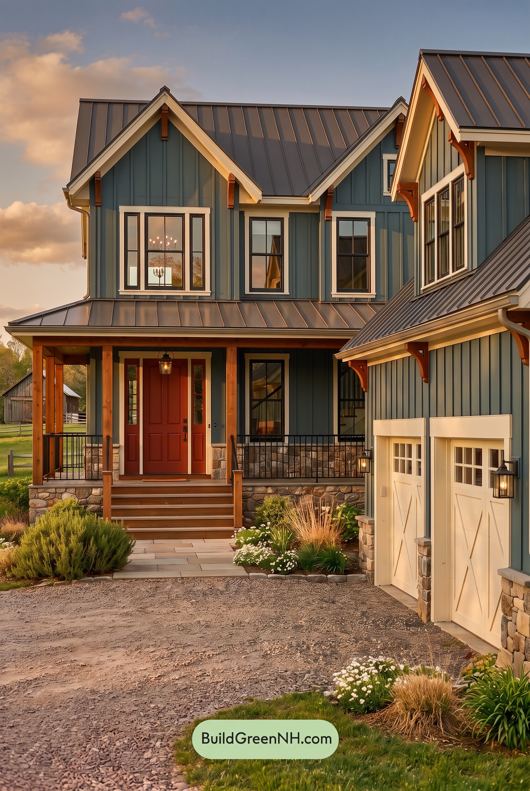 Red Front Door House Paint Color Scheme: Teal Blue Kinship - Golden Hour