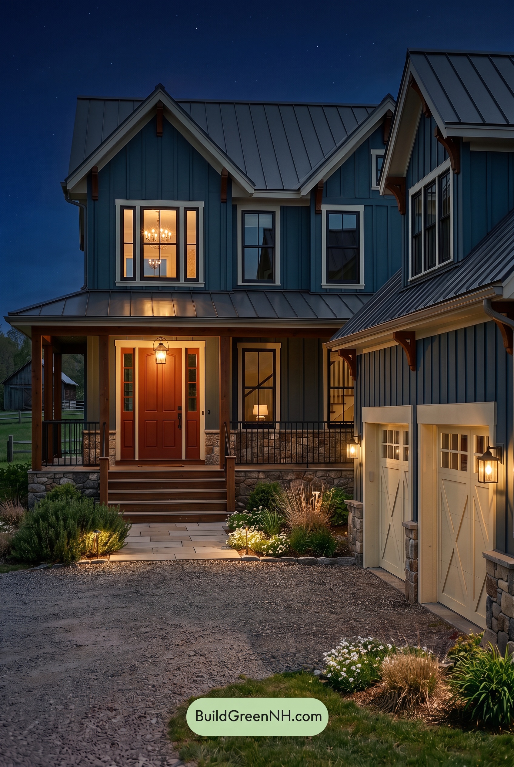Red Front Door House Paint Color Scheme: Teal Blue Kinship - Nighttime