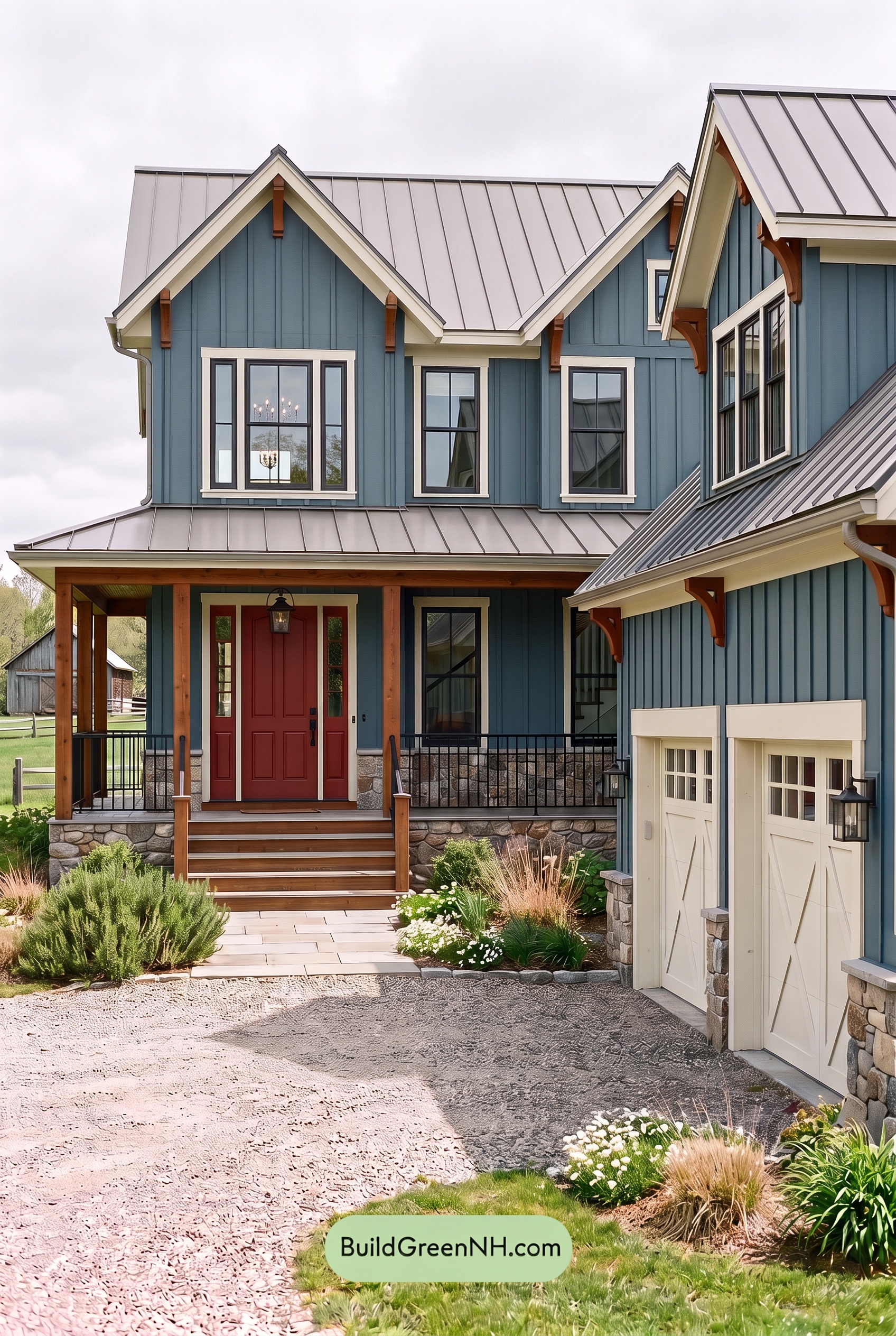 Red Front Door House Paint Color Scheme: Teal Blue Kinship - Overcast