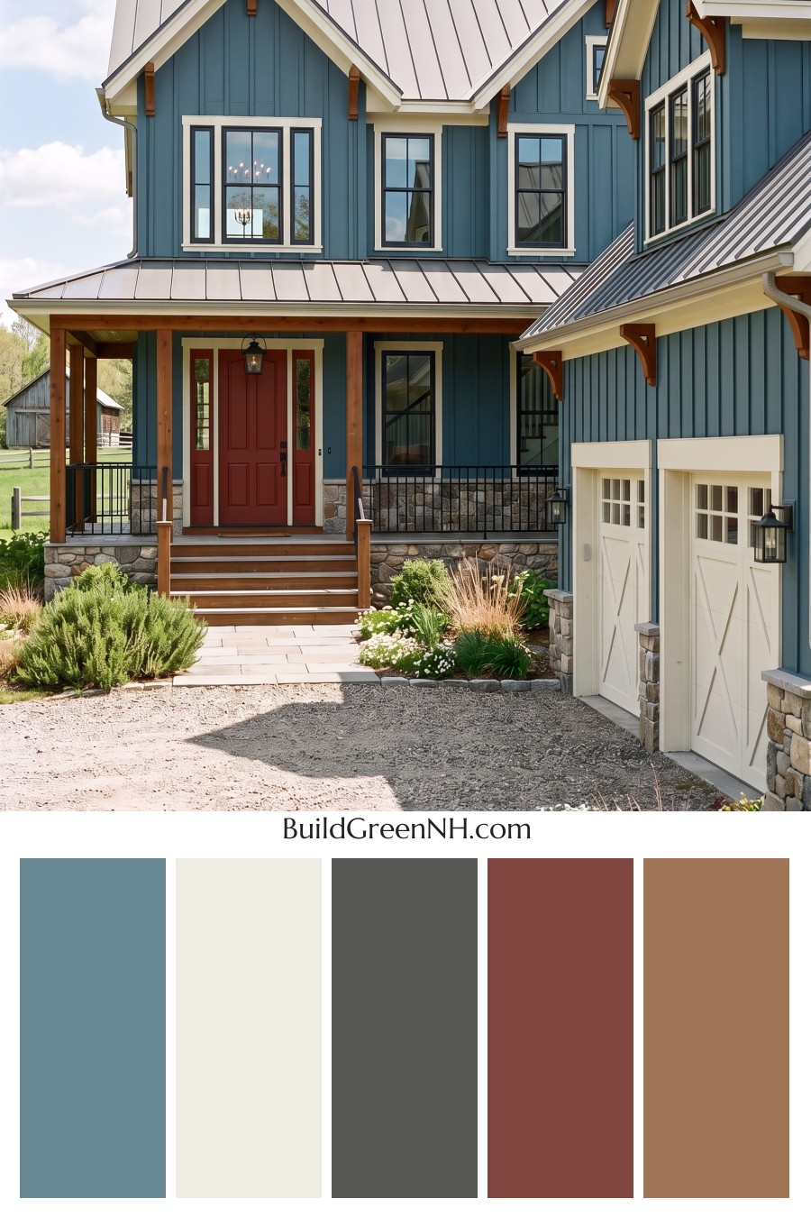 Red Front Door House Paint Color Scheme: Teal Blue Kinship