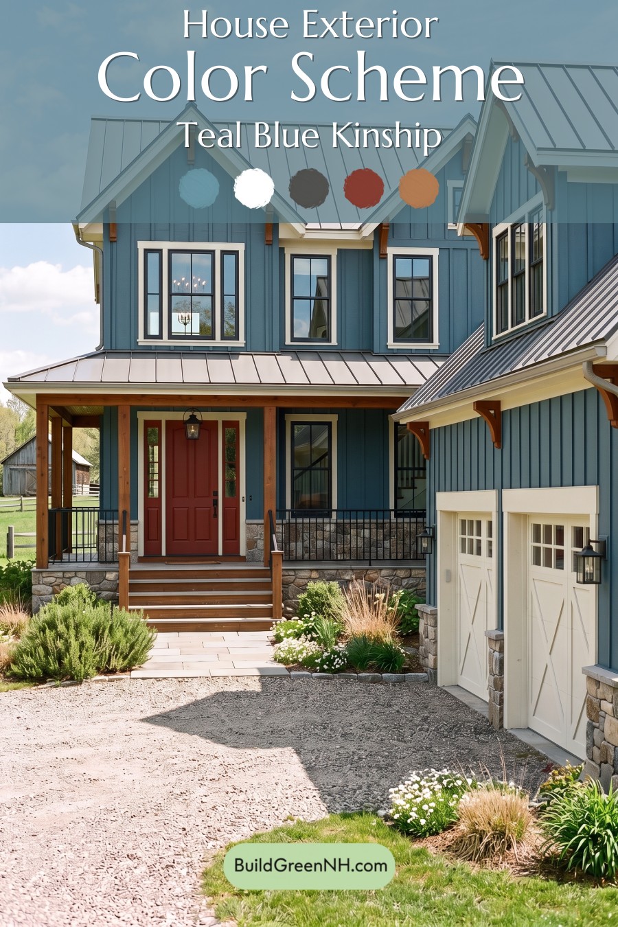 Red Front Door House Paint Color Scheme: Teal Blue Kinship