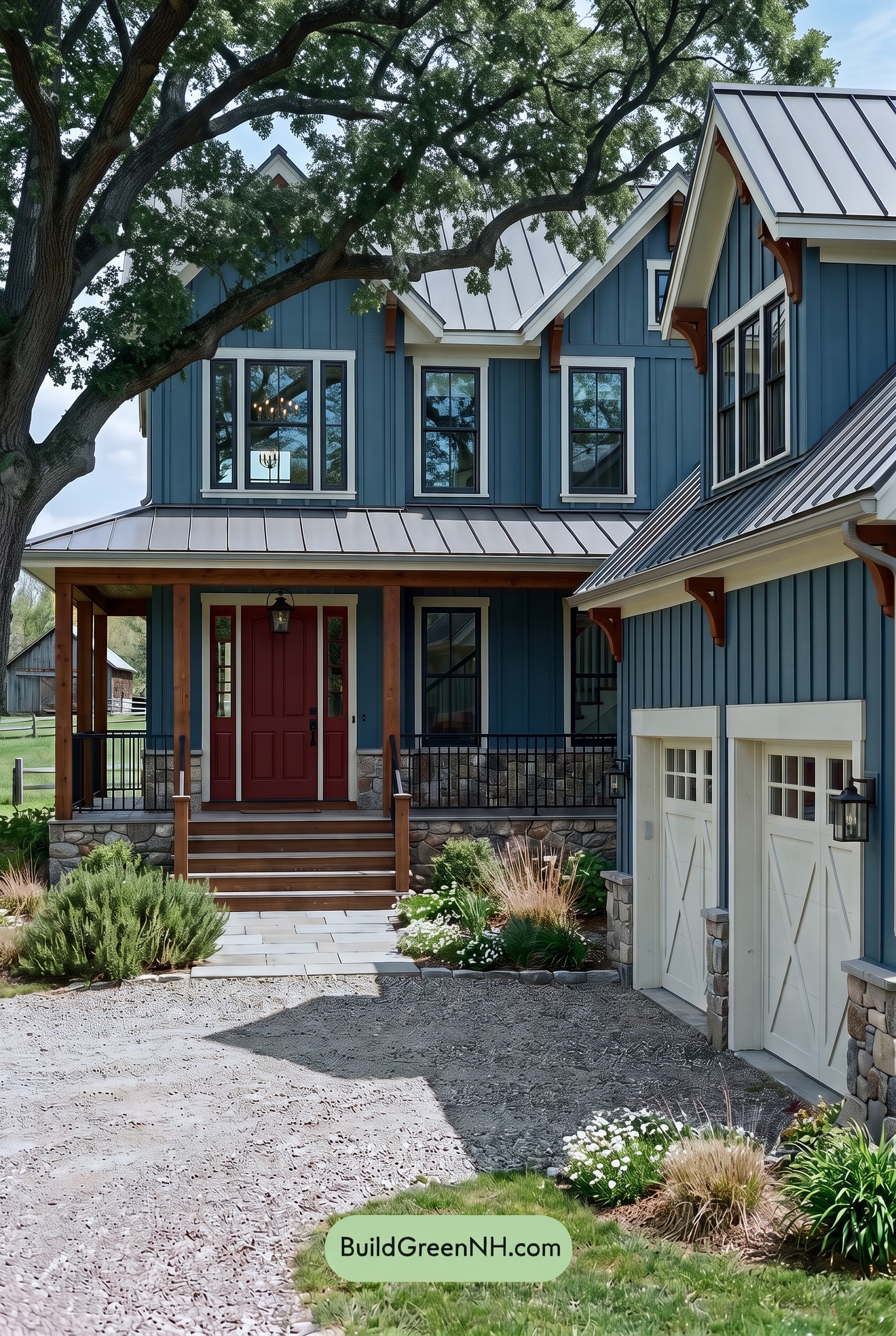 Red Front Door House Paint Color Scheme: Teal Blue Kinship - Shade