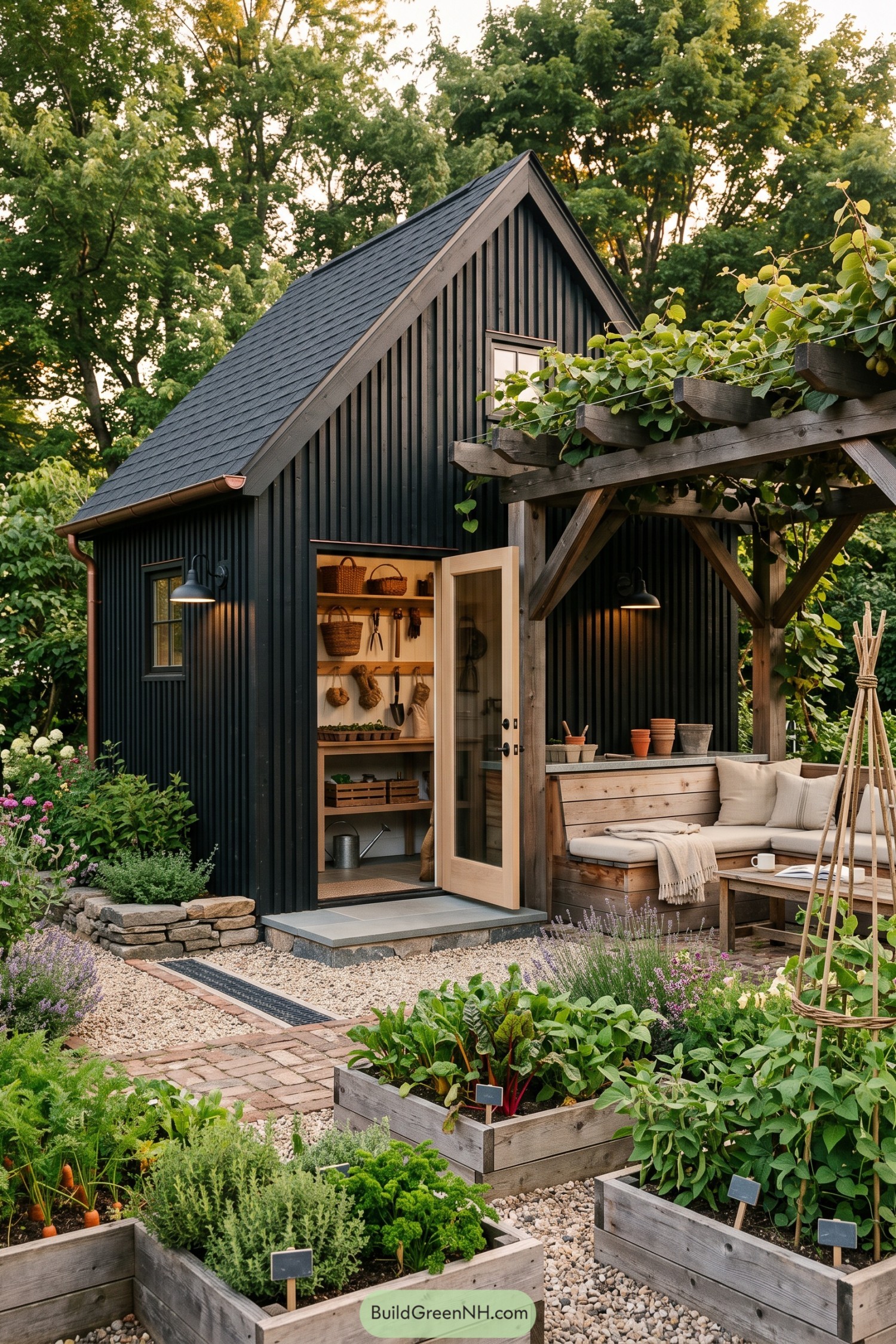 Black timber shed with a vine-covered pergola, cushioned seating, and raised vegetable beds