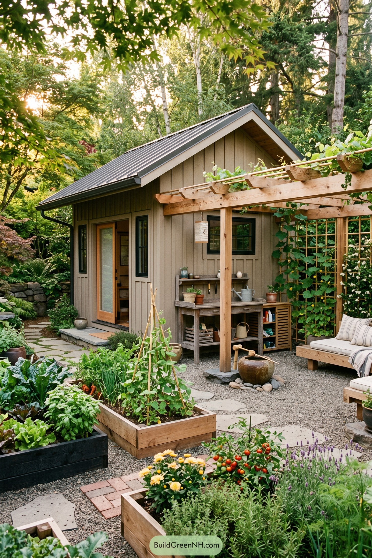 Taupe garden shed beside a timber pergola with climbing vines, cushioned seating, raised vegetable beds, and gravel paths