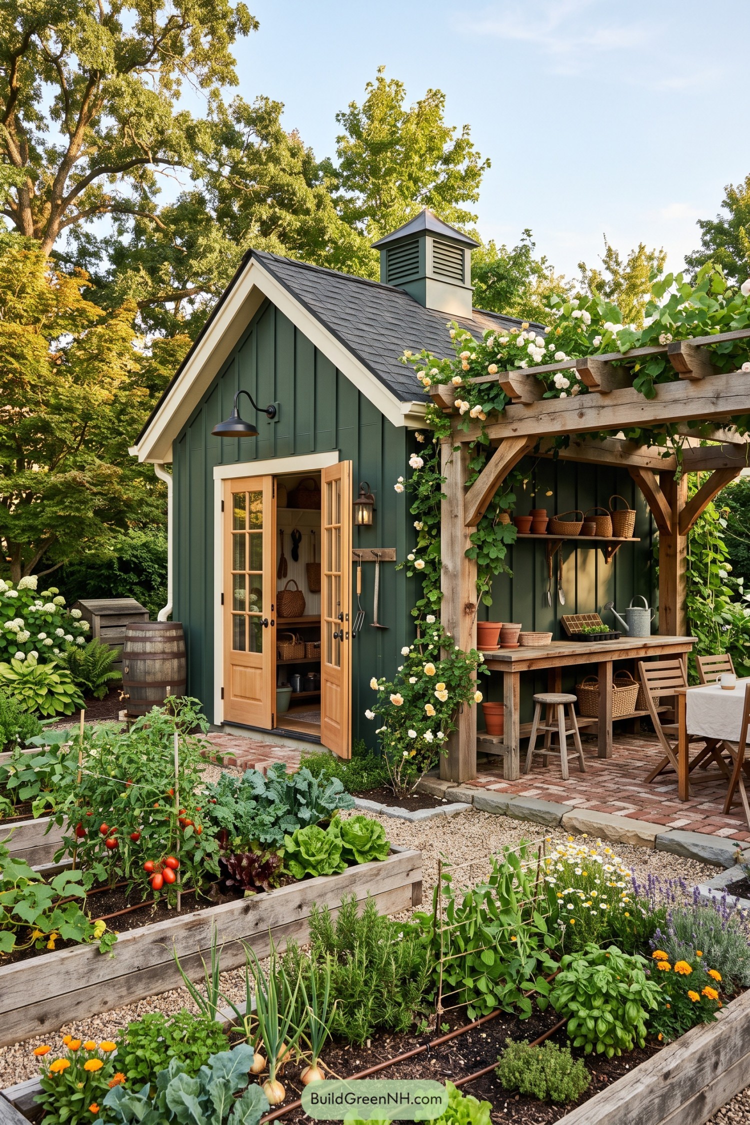 Deep green shed with a cupola, glazed wooden doors, and a rose-covered pergola beside raised vegetable beds
