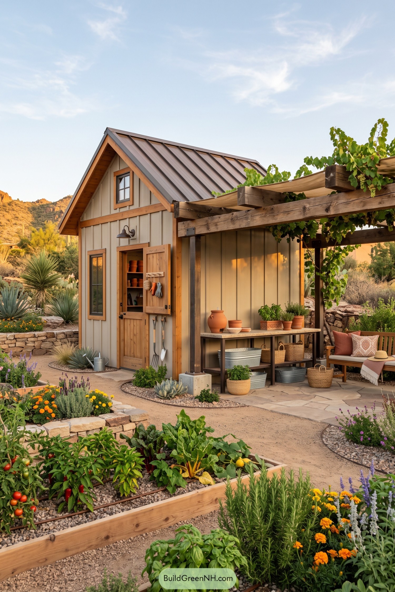 Beige garden shed with a timber pergola, grapevines, potting bench, and raised vegetable beds in a desert garden