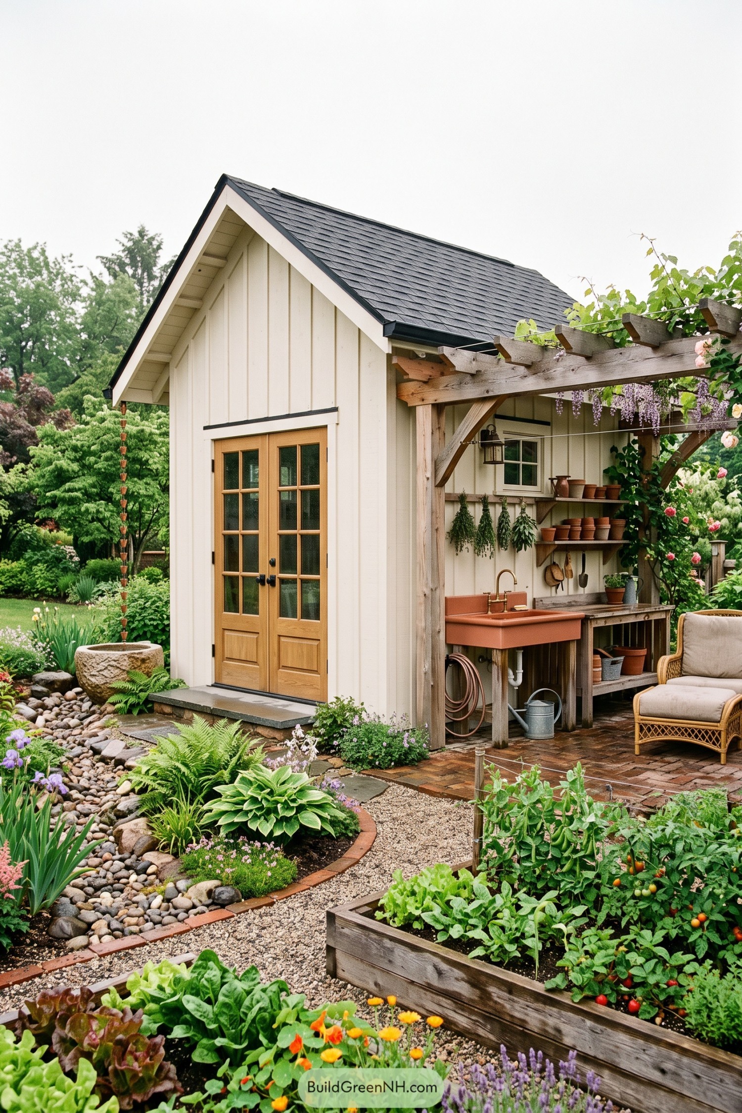 Cream garden shed with glazed wooden doors and a flowering timber pergola sheltering an outdoor sink and potting bench