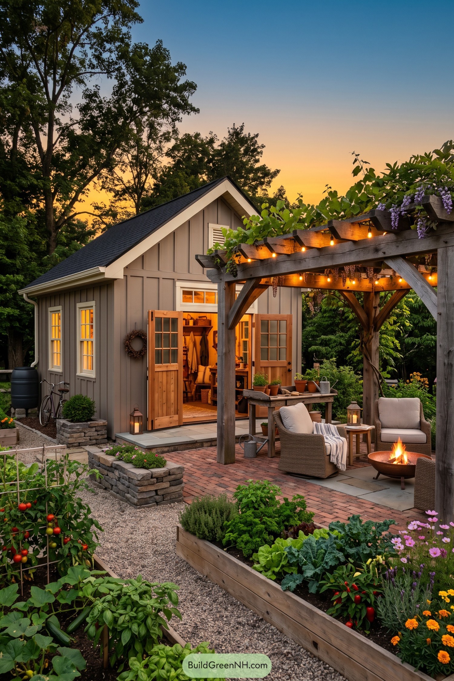 Gray garden shed with open wooden doors beside a vine-covered pergola, brick patio, fire bowl, and raised vegetable beds