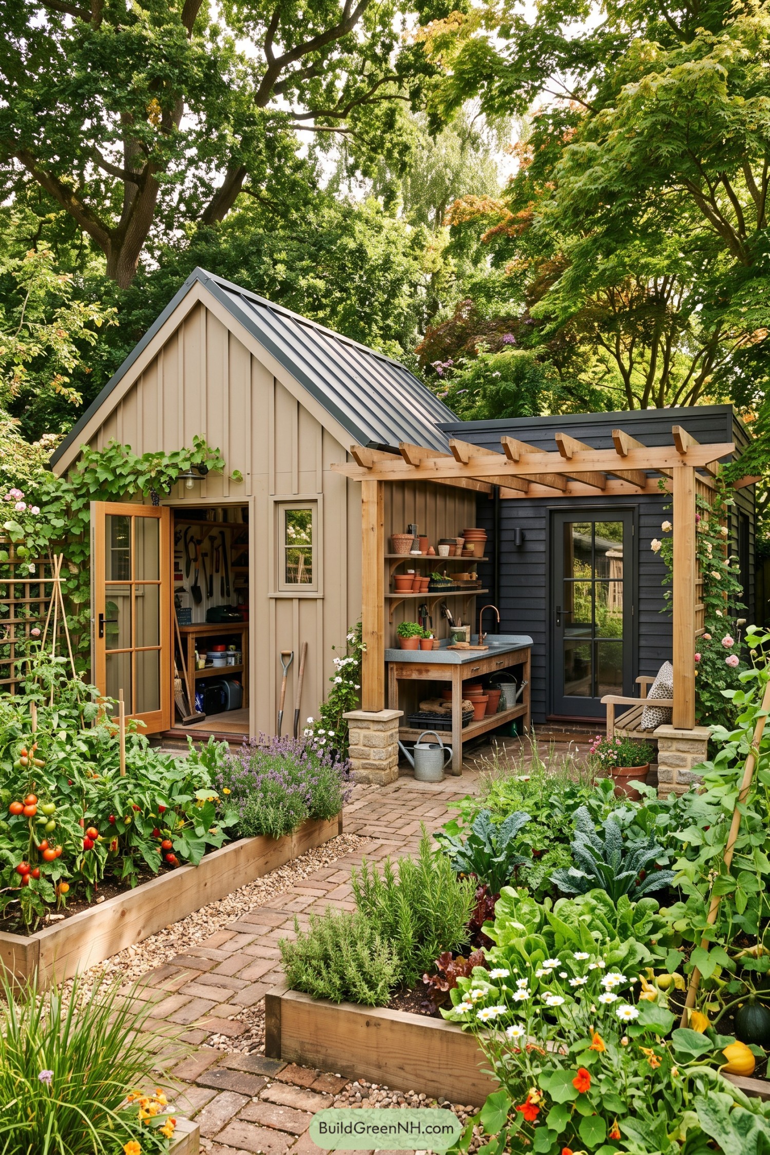 Beige garden shed with a timber pergola and outdoor potting sink beside a dark extension and raised vegetable beds