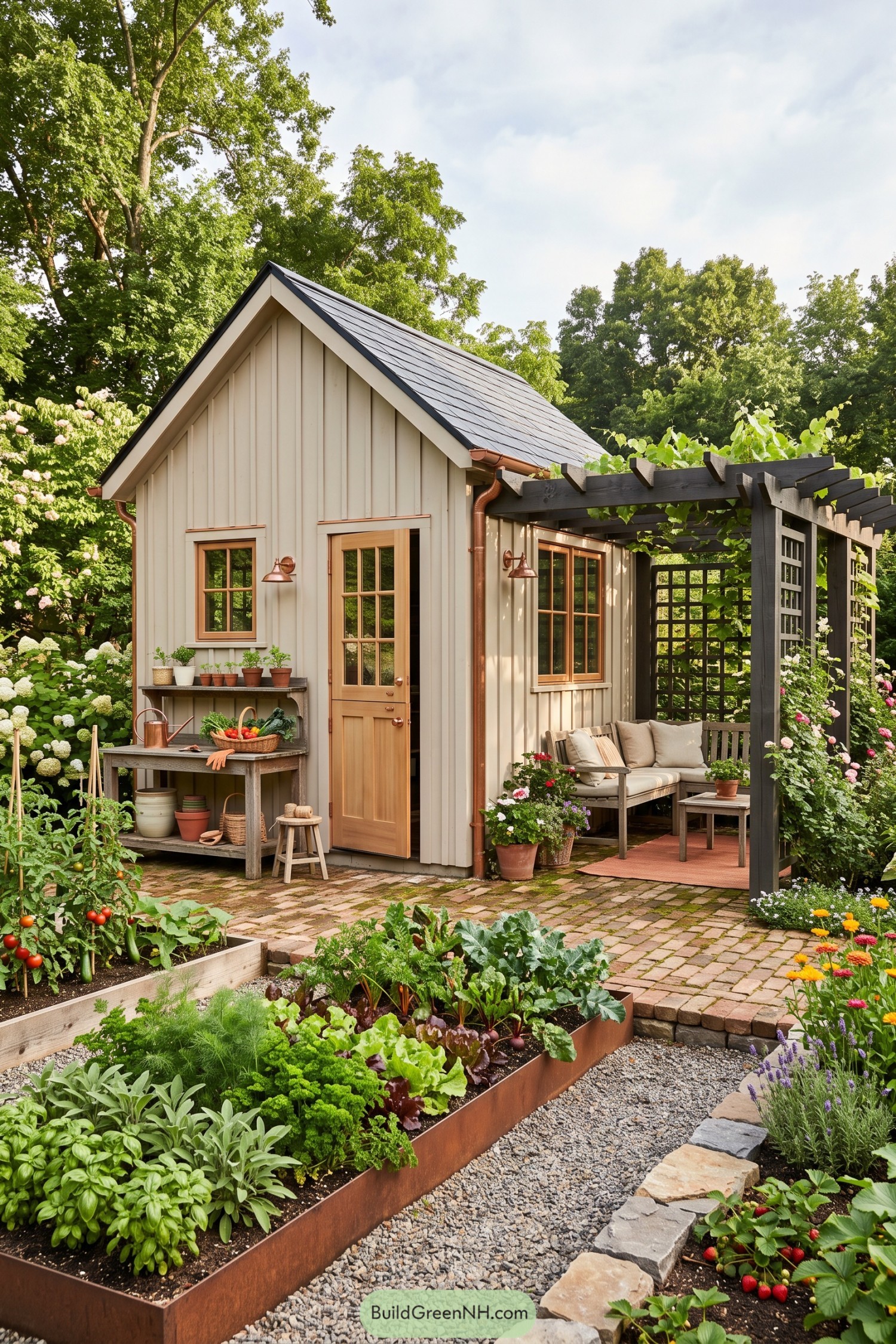 Cream garden shed with copper gutters, a timber pergola, cushioned seating, and raised vegetable beds