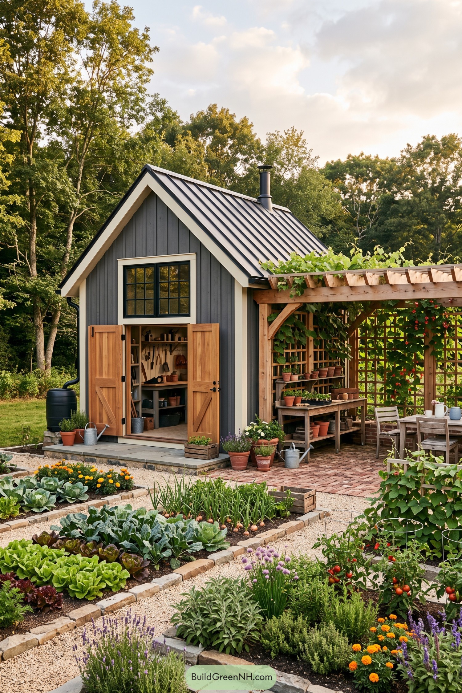 Gray garden shed with open timber doors beside a vine-covered pergola and brick patio overlooking vegetable beds