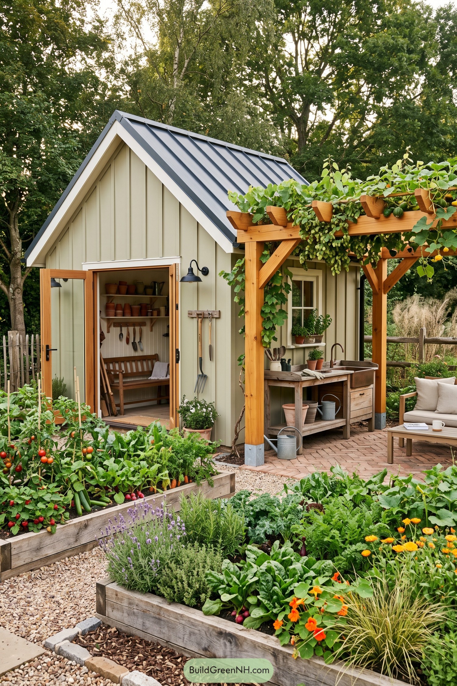 Pale garden shed with a metal roof and vine-covered timber pergola beside raised vegetable beds