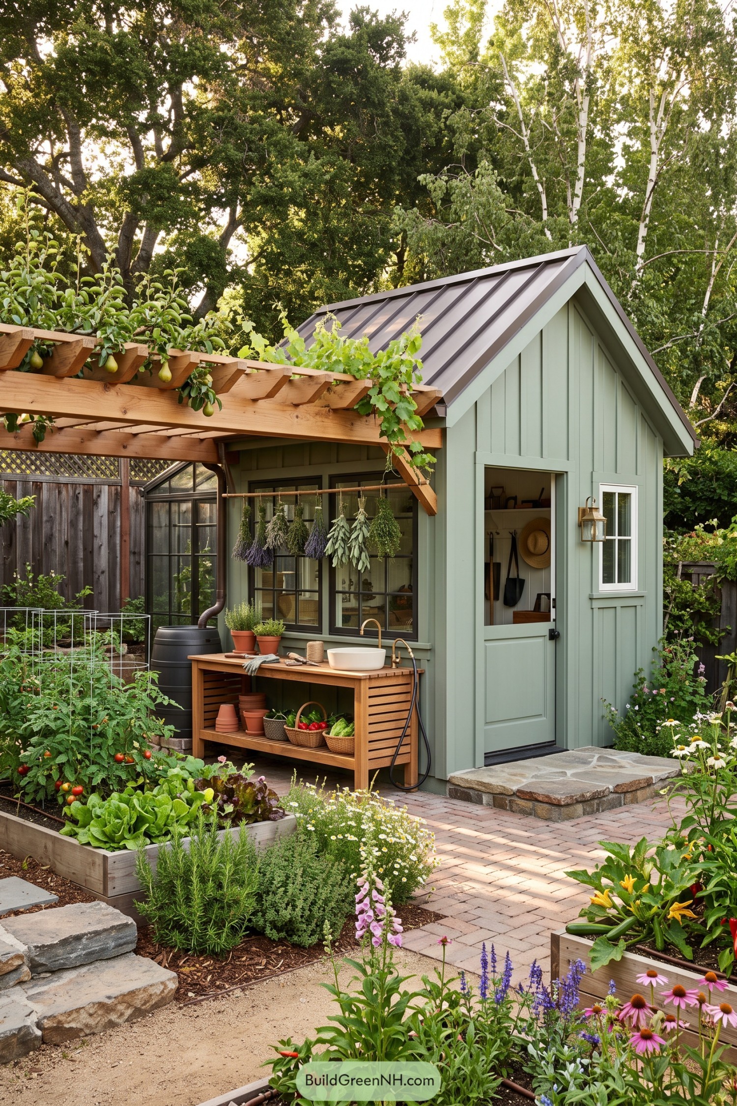 Sage green shed with a timber pergola, hanging herbs, outdoor sink, and raised vegetable beds