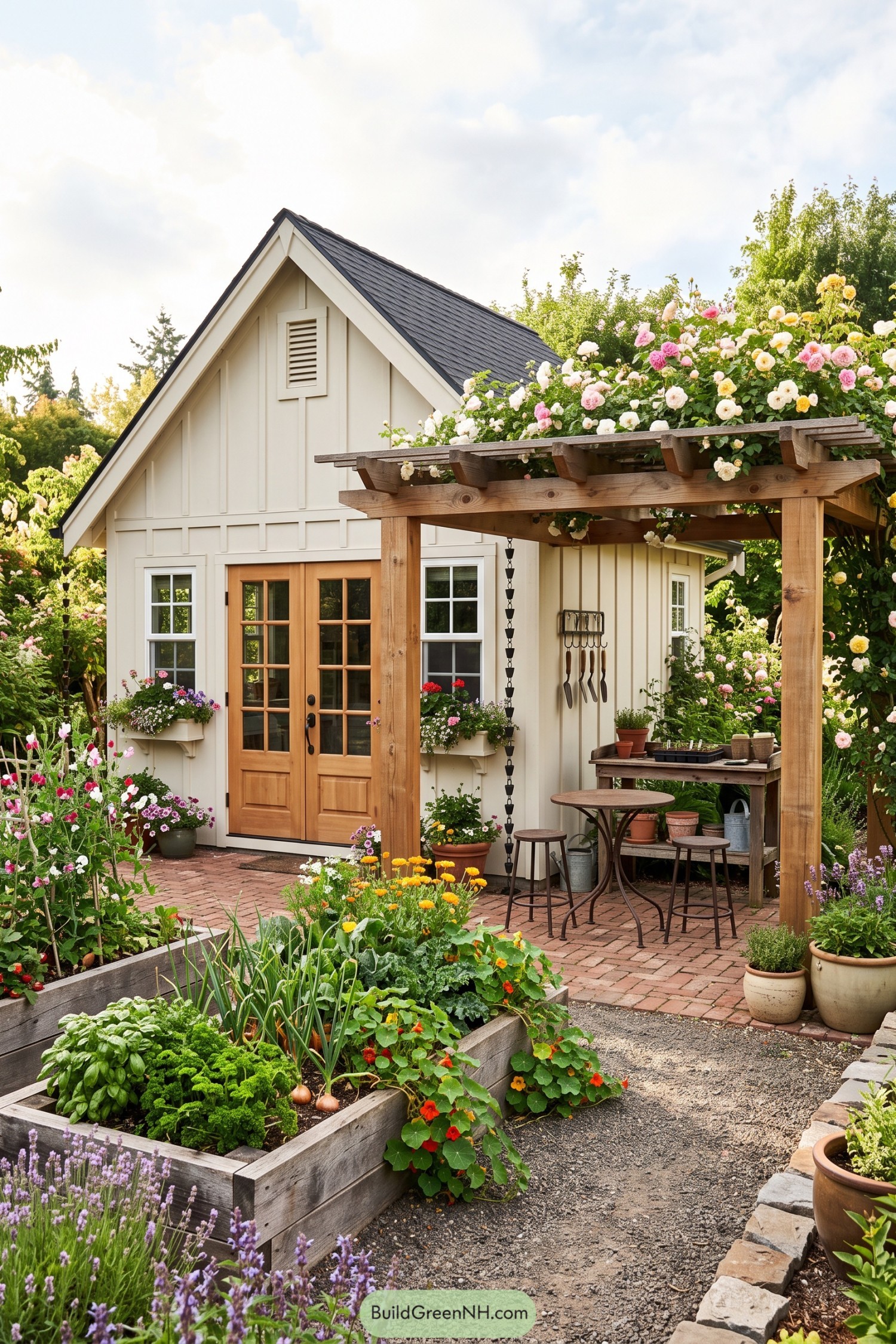 Cream garden shed with glazed wooden doors and a rose-covered pergola beside raised vegetable beds