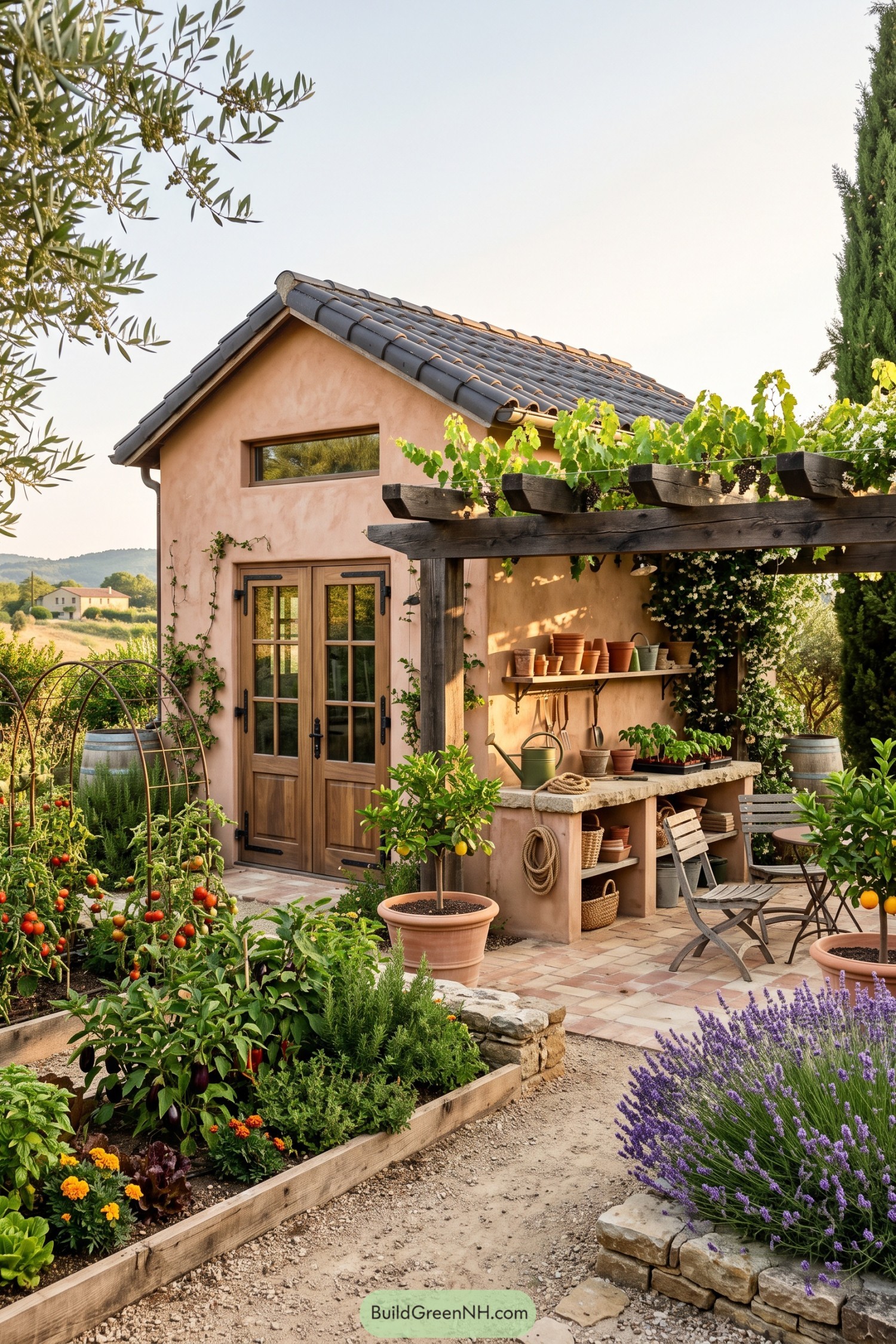 Peach stucco shed with wooden double doors and a grapevine pergola beside a potting bench and vegetable beds