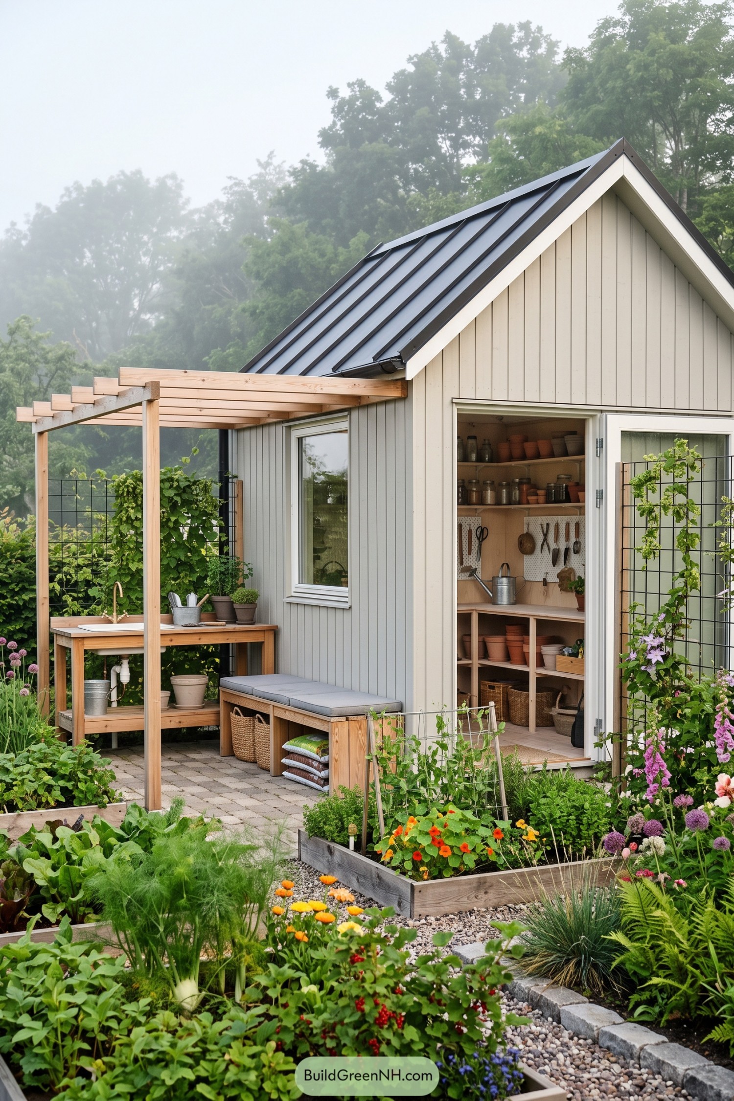 Cream garden shed with a timber pergola, outdoor sink, storage bench, and raised planting beds