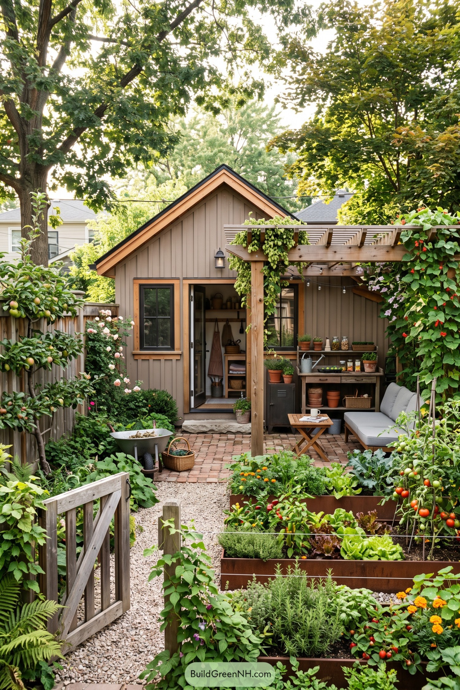 Taupe garden shed with a timber pergola, outdoor potting bench, cushioned seating, and raised vegetable beds