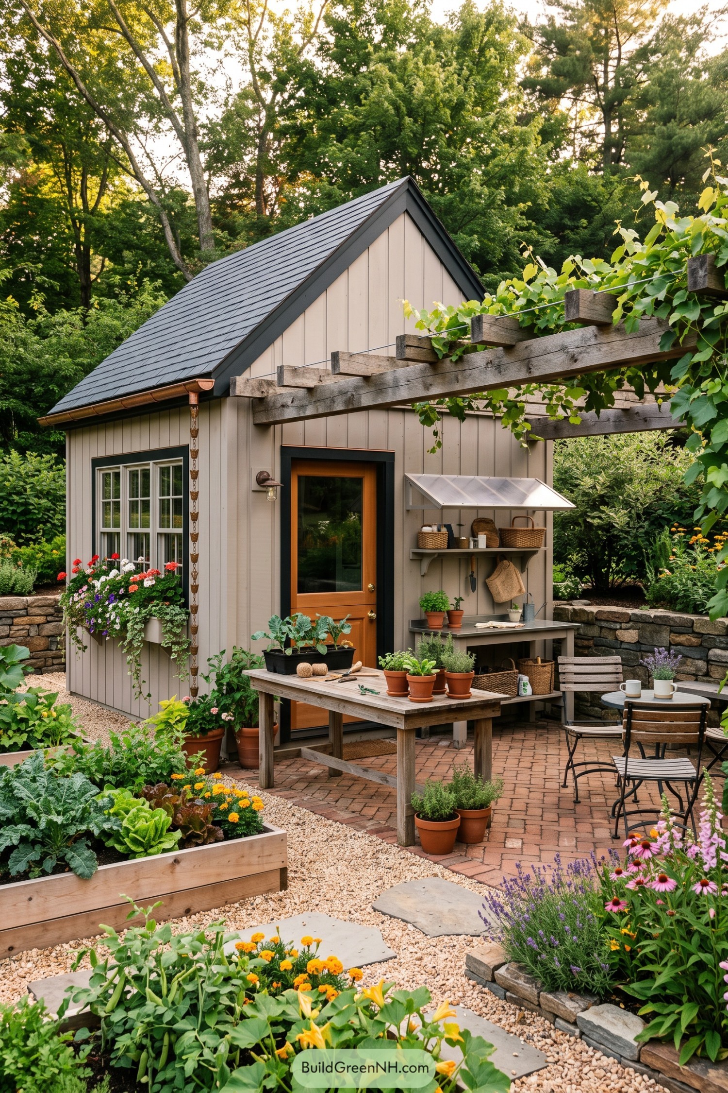 Beige garden shed with copper guttering and a rain chain beside a vine-covered pergola and brick potting patio