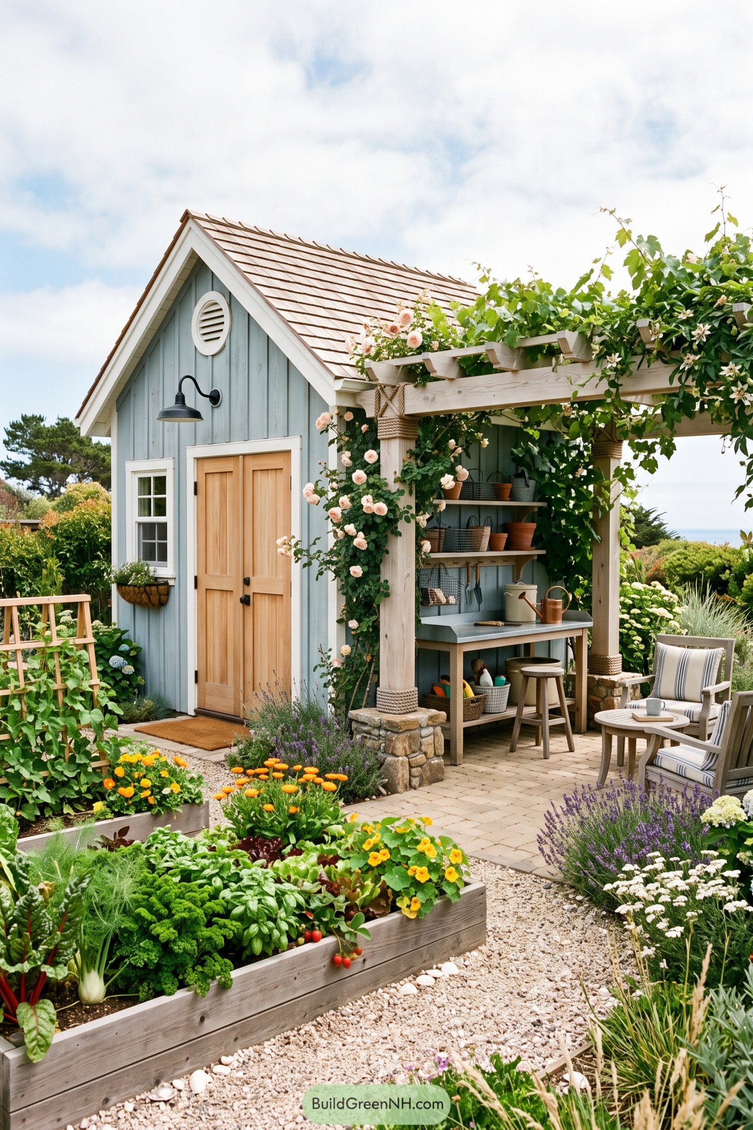 Pale blue garden shed with timber doors and a flowering pergola over a potting bench and seating area