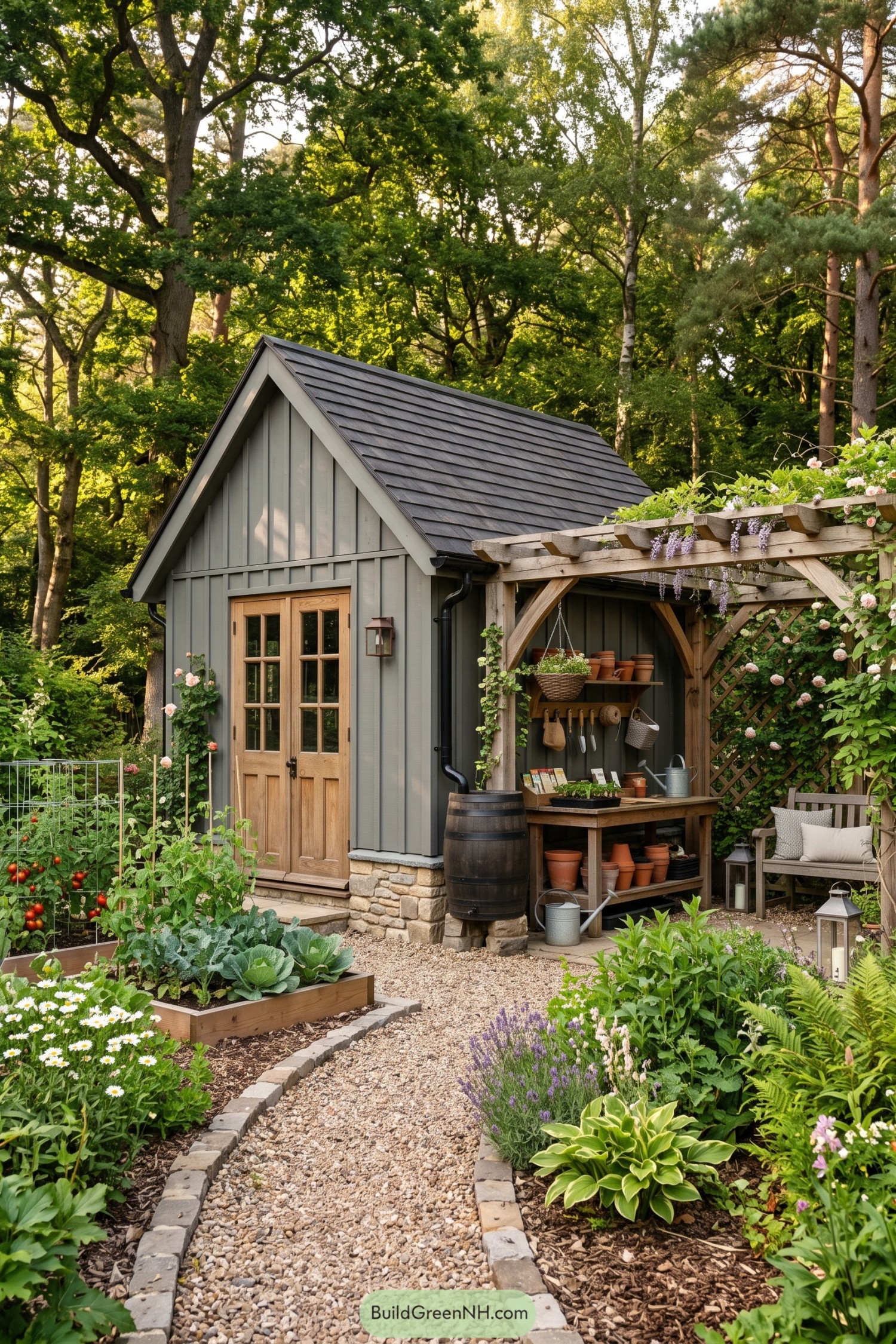 Gray garden shed with wooden double doors and a flowering pergola sheltering a potting bench beside raised vegetable beds