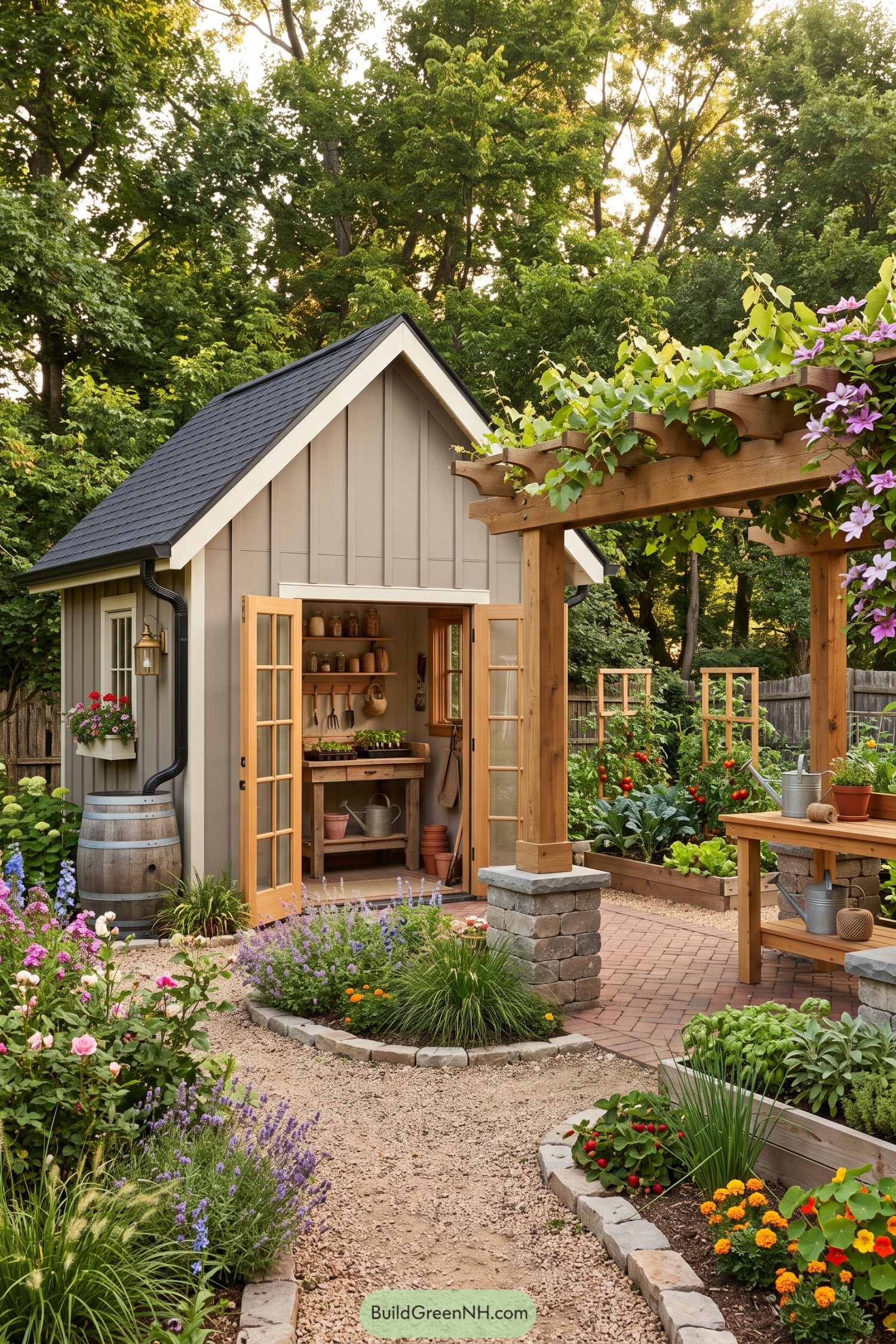 Taupe garden shed with glazed wooden doors beside a vine-covered timber pergola and raised vegetable beds