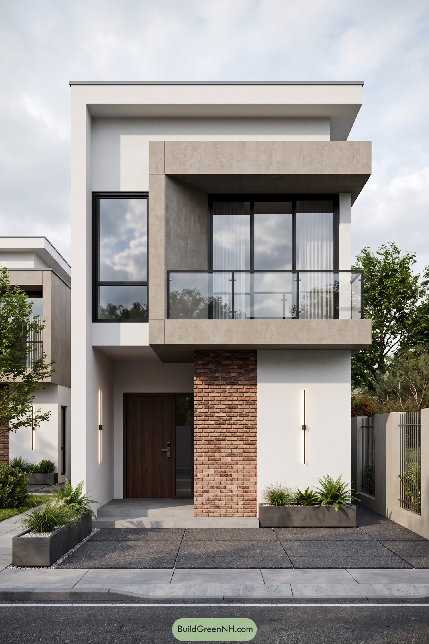 Narrow two storey house with white walls, a beige framed glass balcony, exposed brick and a recessed wooden entrance