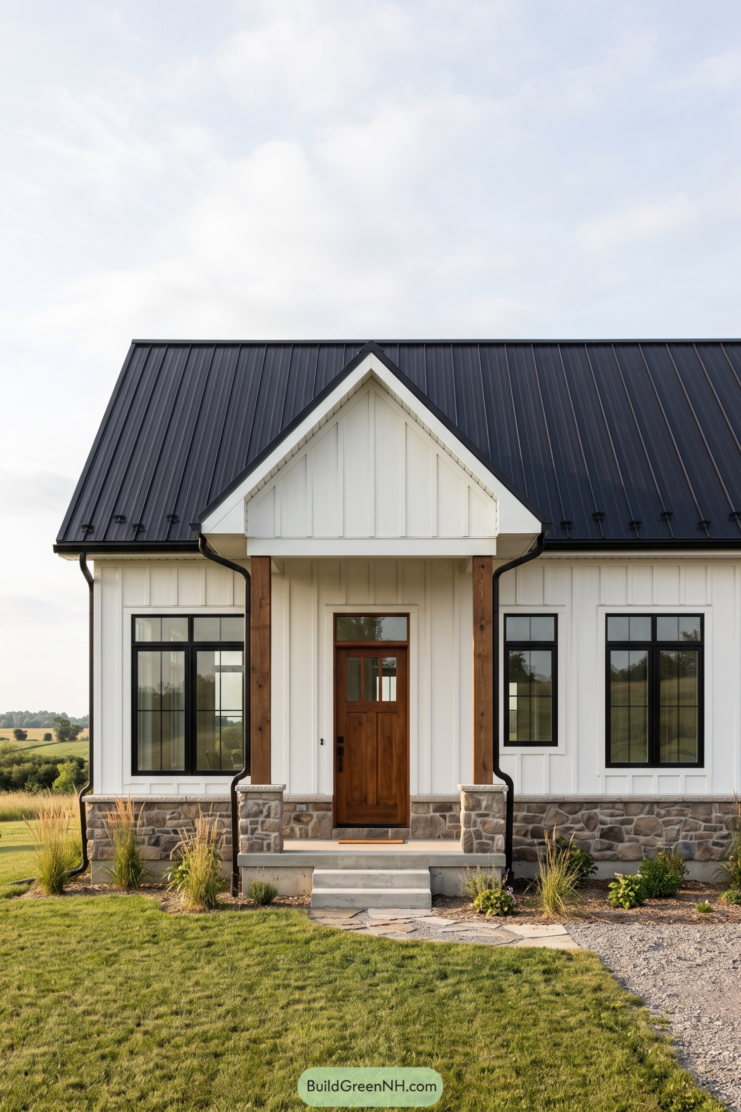 White farmhouse with a black metal roof, timber porch posts, stone base, and black framed windows