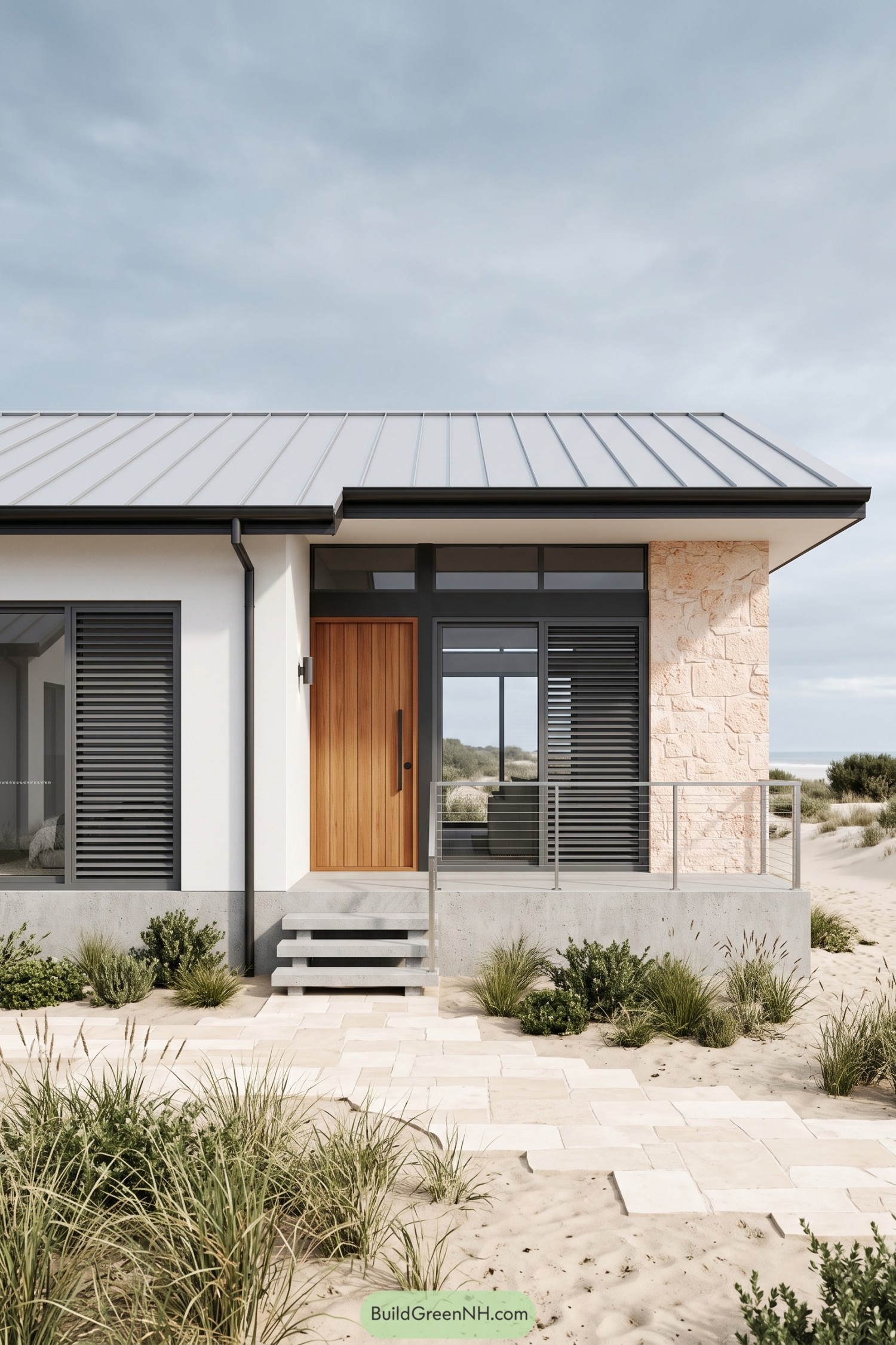 Coastal house with a metal roof, timber front door, dark louvers, stone accent wall, and raised concrete porch