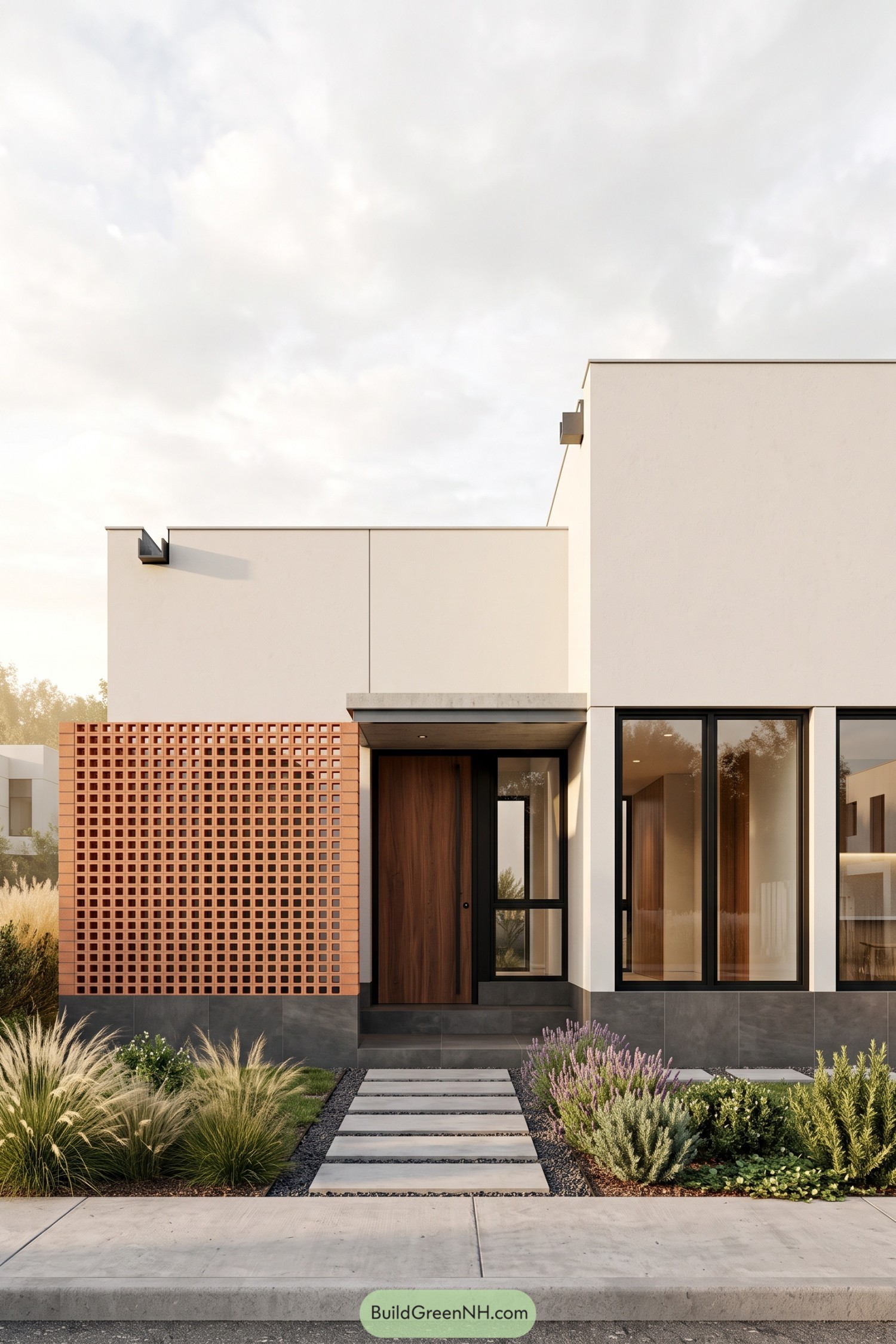 Modern house front with cream walls, a terracotta screen, a wooden door, black window frames, and planted stepping stones