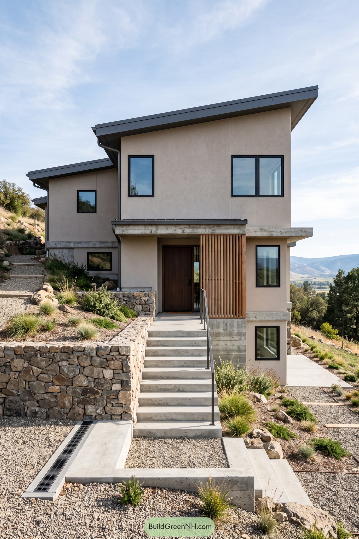 Modern hillside house with sloping roofs, beige walls, a timber entry screen, and concrete stairs beside stone terraces