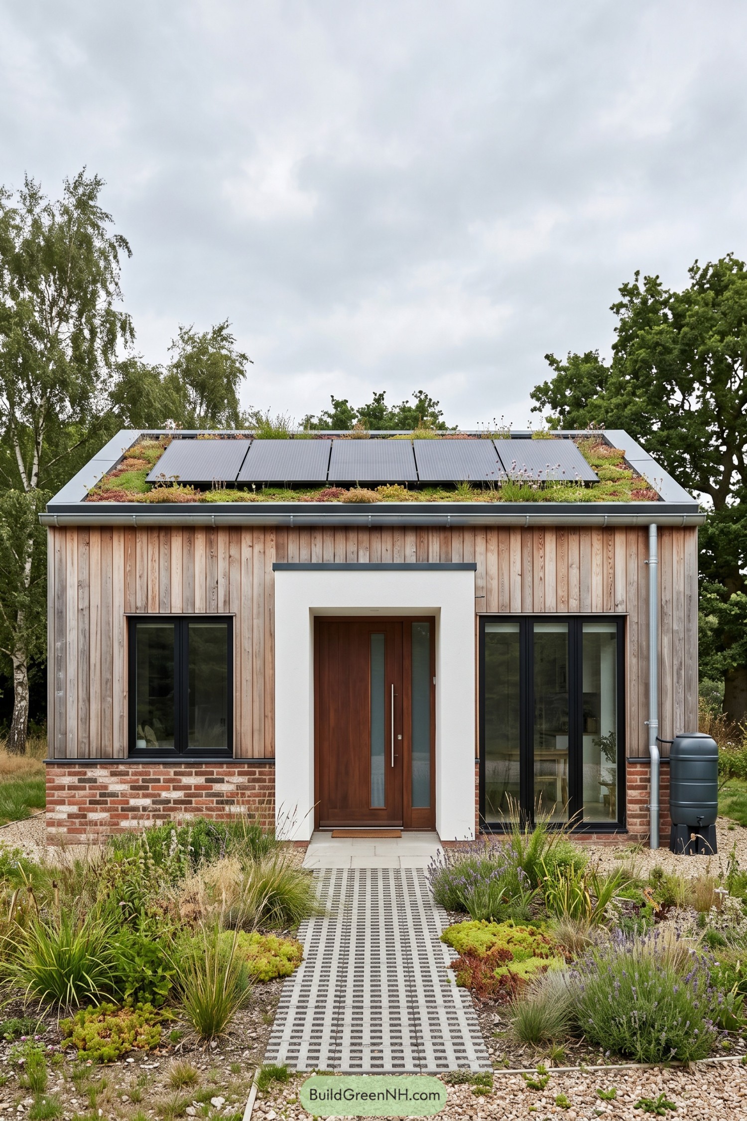 Compact timber clad house with a planted solar roof, white entrance surround, brick base, and gravel garden
