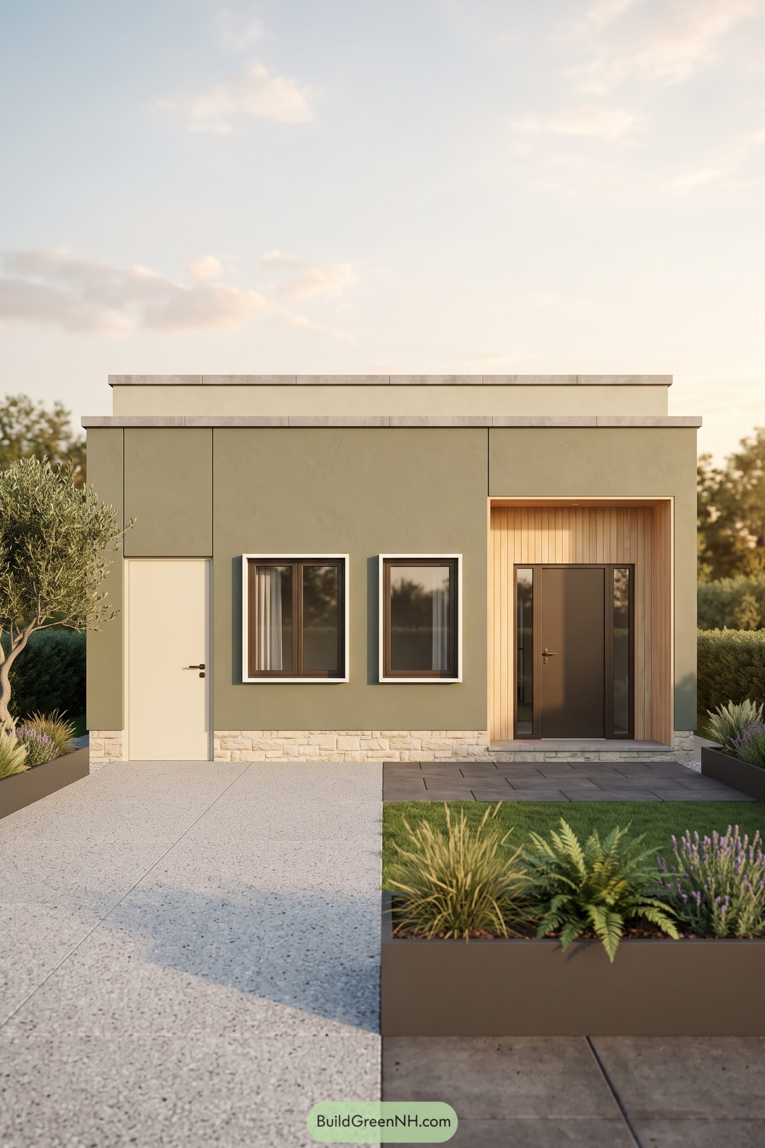 Compact flat roof house with sage walls, a recessed timber entrance, dark window frames, and raised garden beds