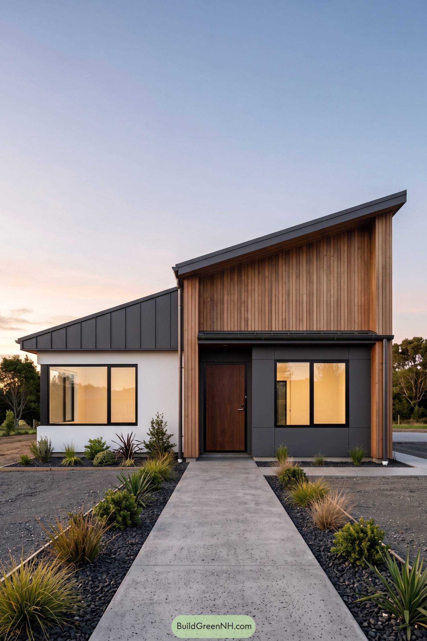 Modern house with offset sloping roofs, vertical timber cladding, white walls, charcoal panels, and a landscaped concrete entry path