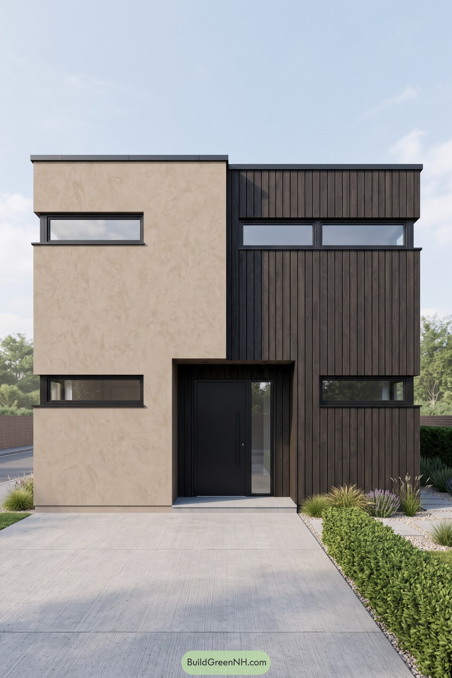 Two story house with beige render and dark vertical cladding, narrow horizontal windows, a recessed black entrance, and neat gravel planting