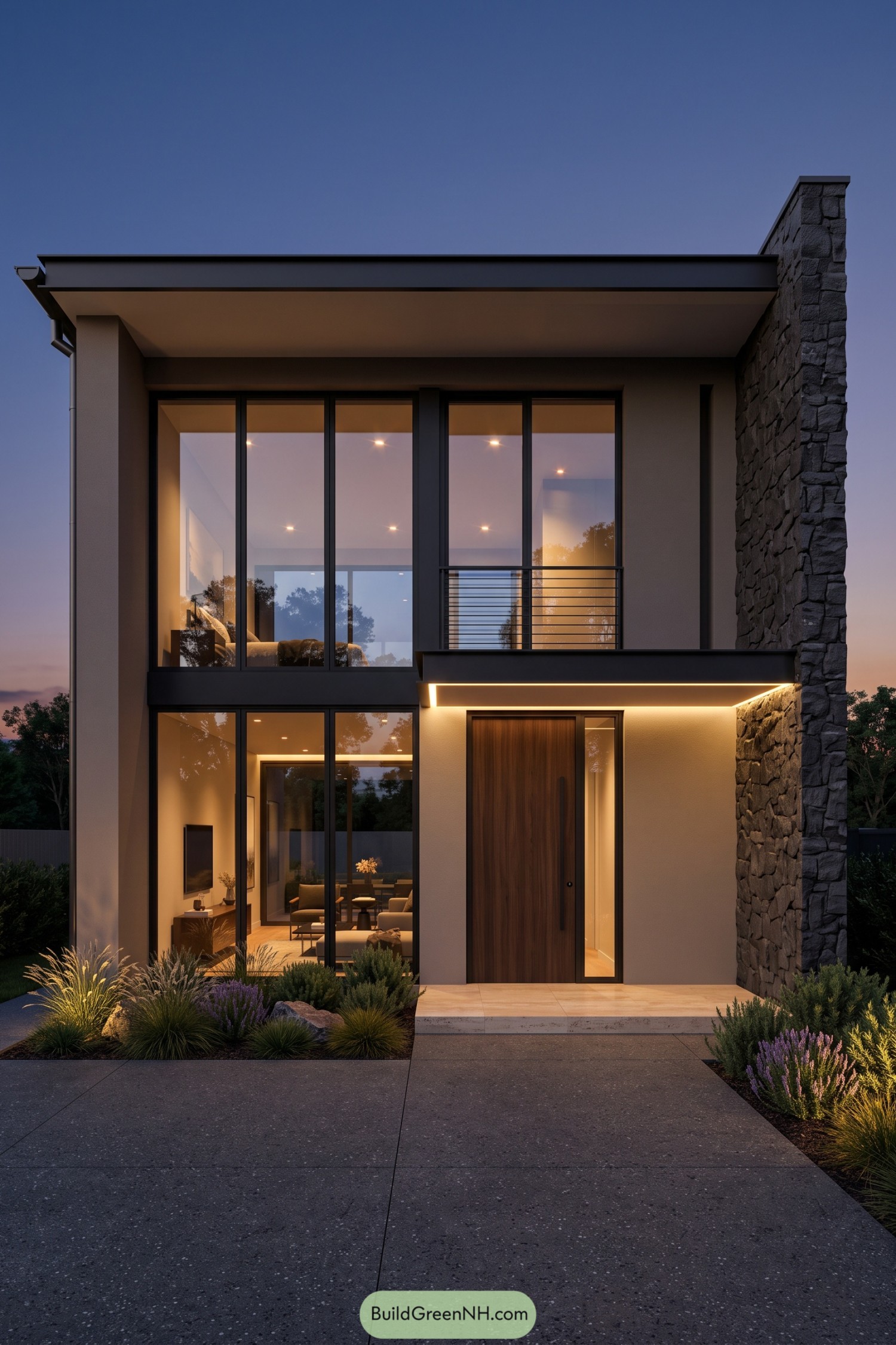 Two-story modern house with tall black-framed windows, a wooden front door, a stone side wall, and planted borders