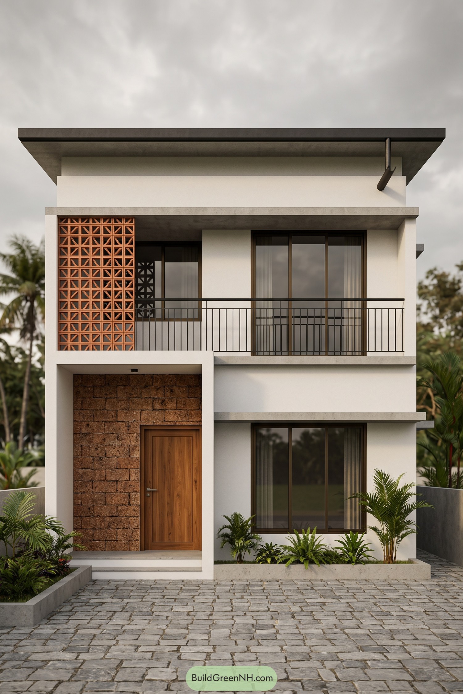 Two-storey white house with a terracotta screen, black balcony railing, stone entrance surround and tropical planting