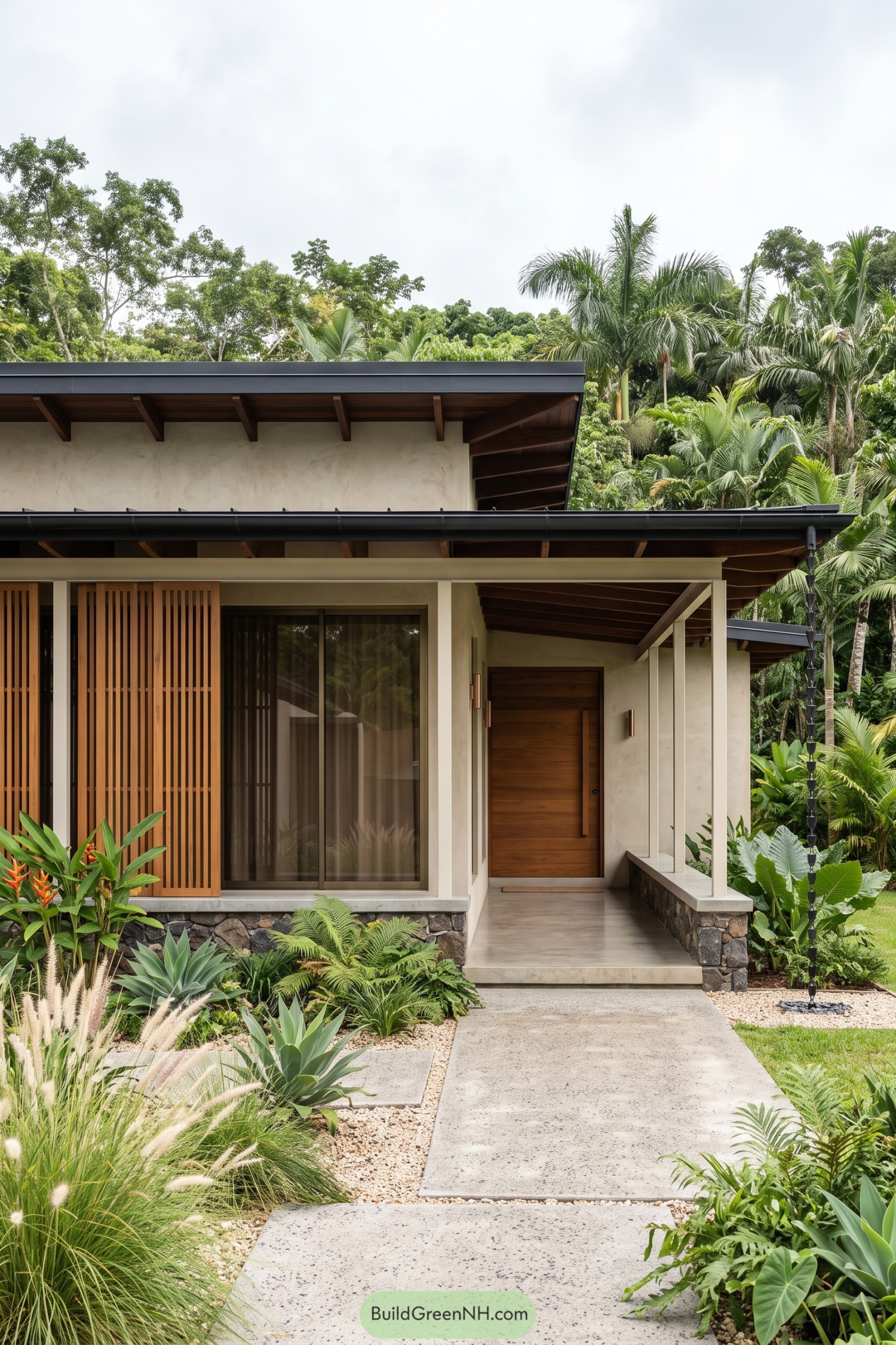 Tropical house front with deep roof overhangs timber screens a sheltered entrance and lush planting