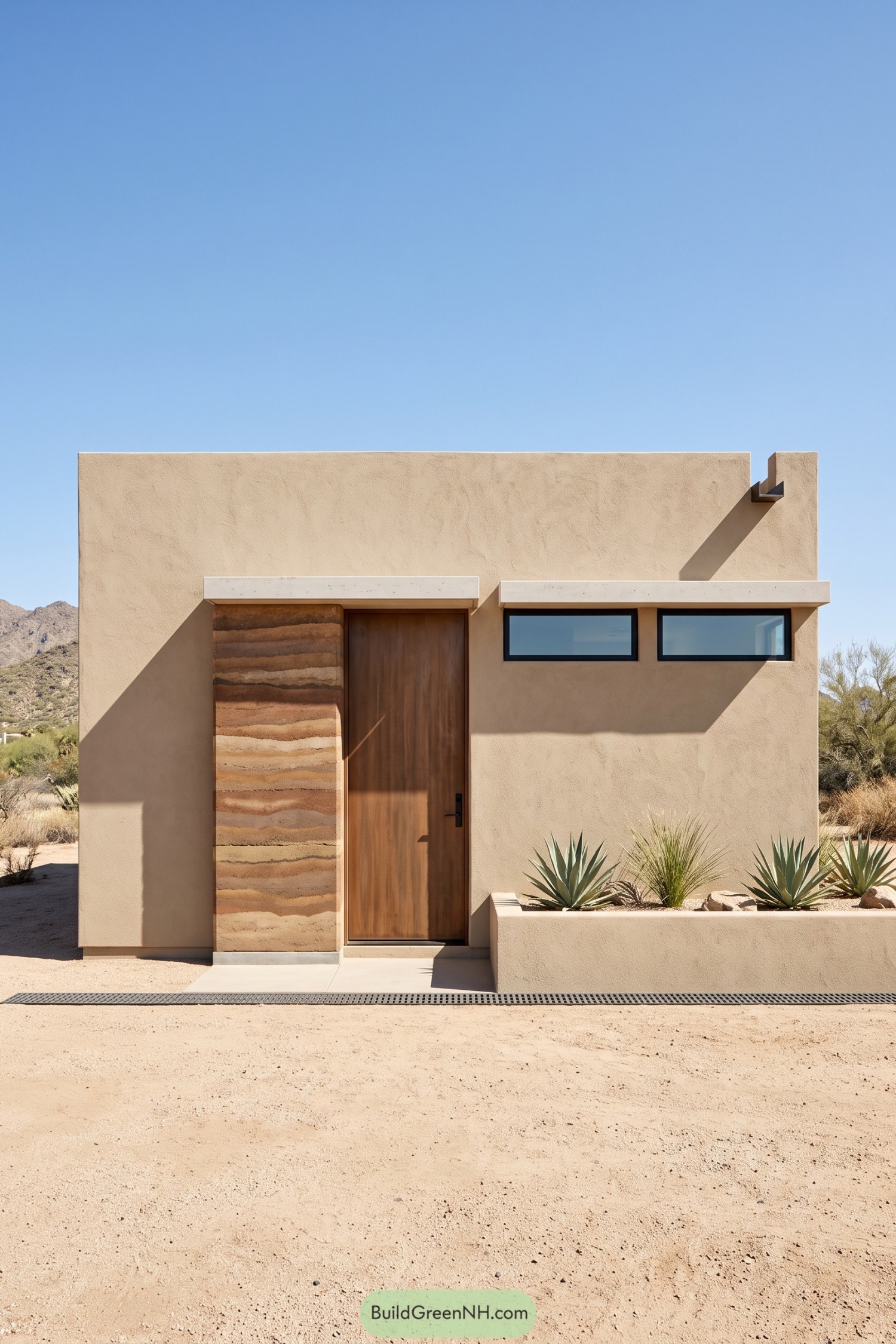 Sand-colored house with a tall wooden door, layered earth accent, narrow windows, and a raised succulent planter