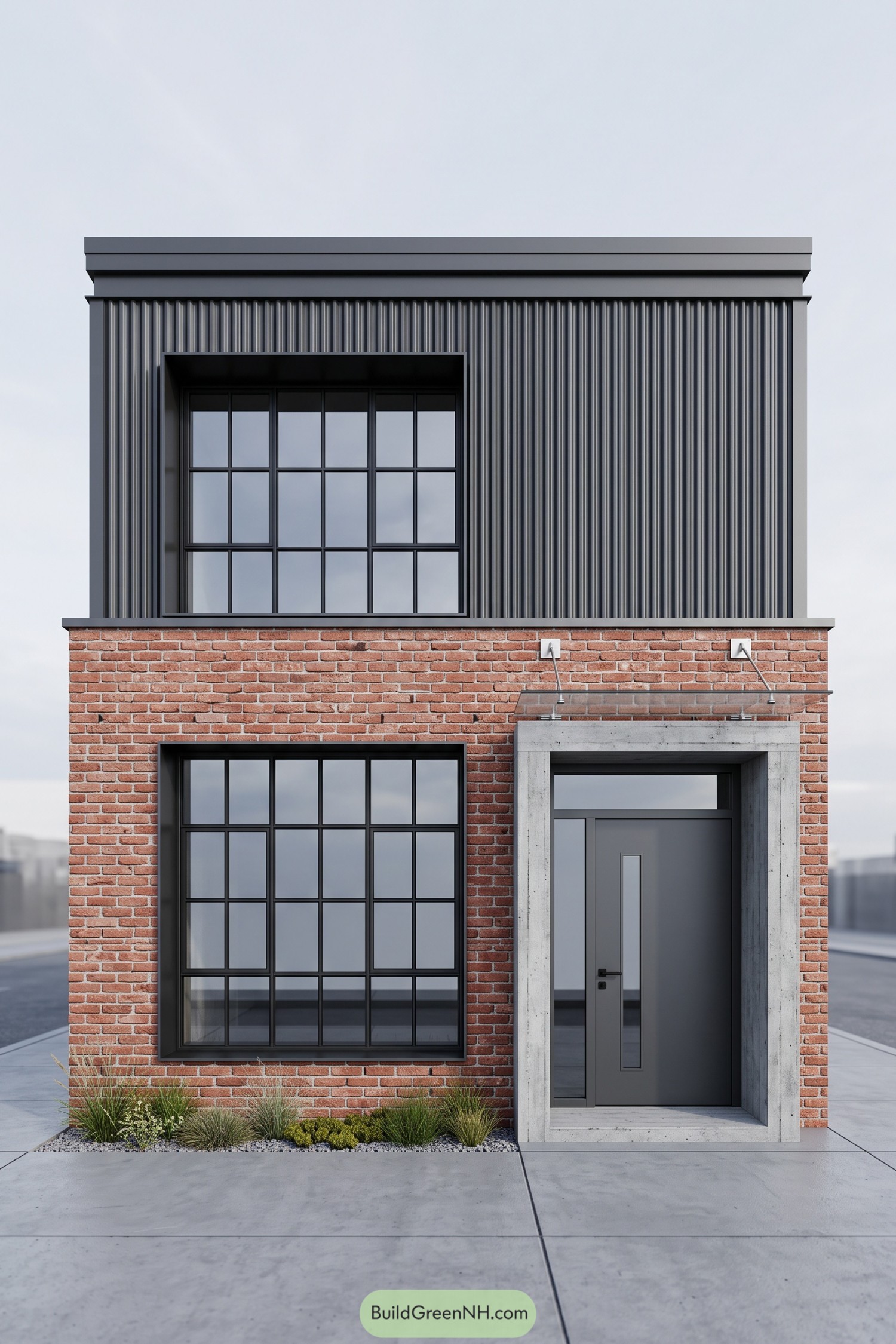 Two-story house with red brick walls ribbed charcoal cladding large grid windows and a concrete-framed entrance