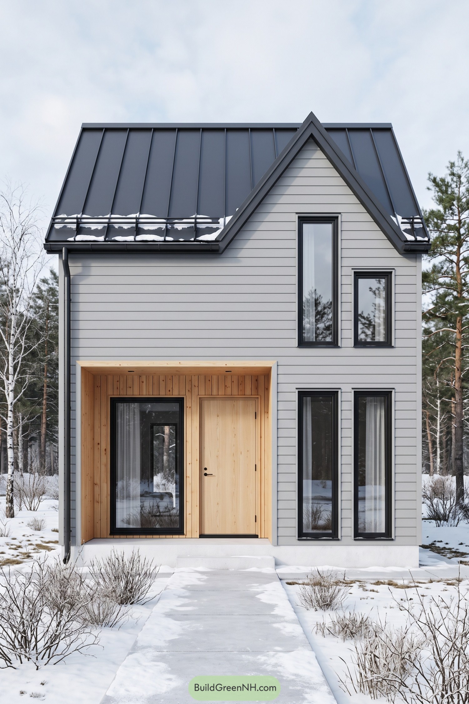 Narrow two-story house with pale gray siding, a dark metal roof, tall windows, and a recessed wooden entrance