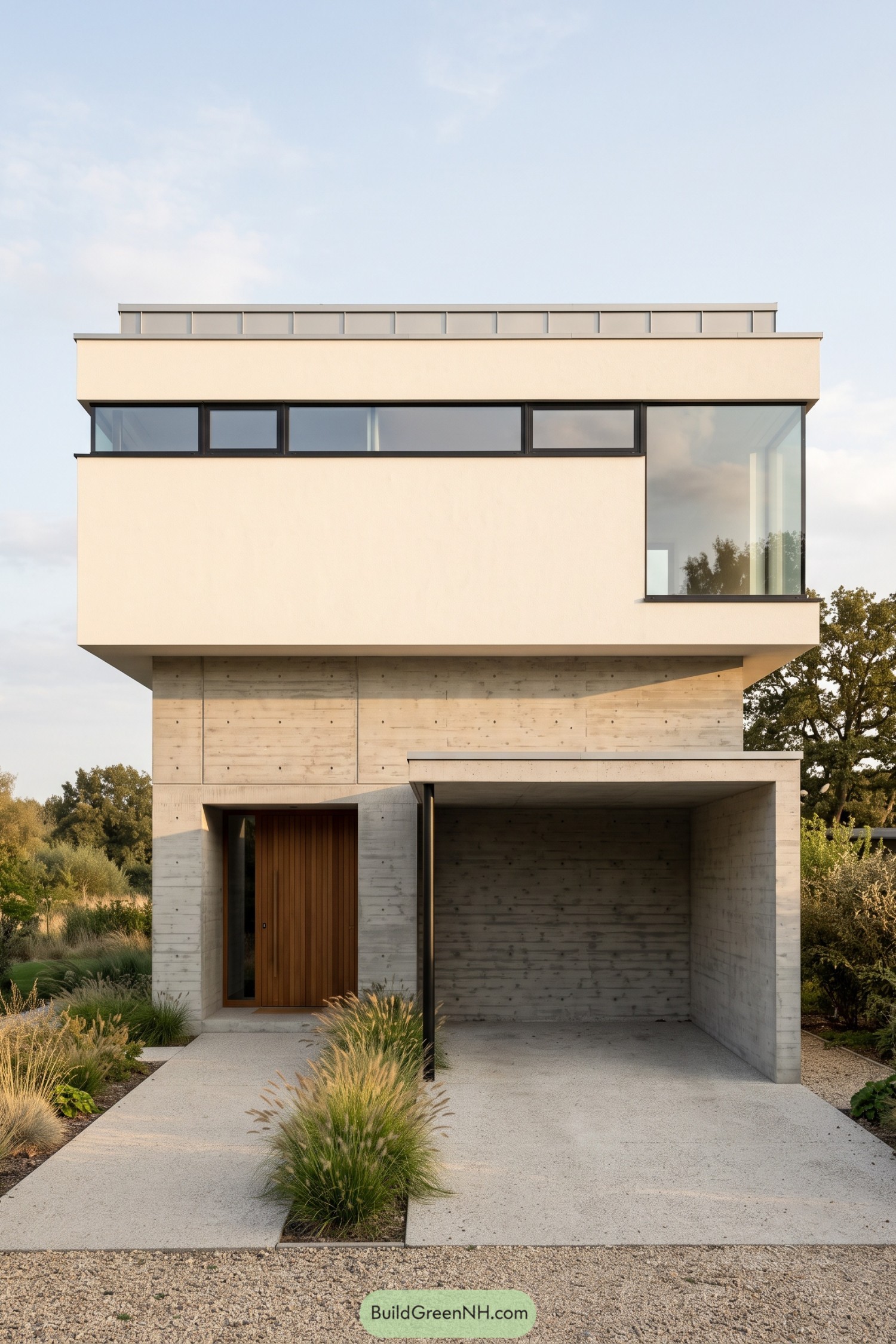 Modern house with a cream upper facade above textured concrete walls and a recessed wooden entrance beside an open carport