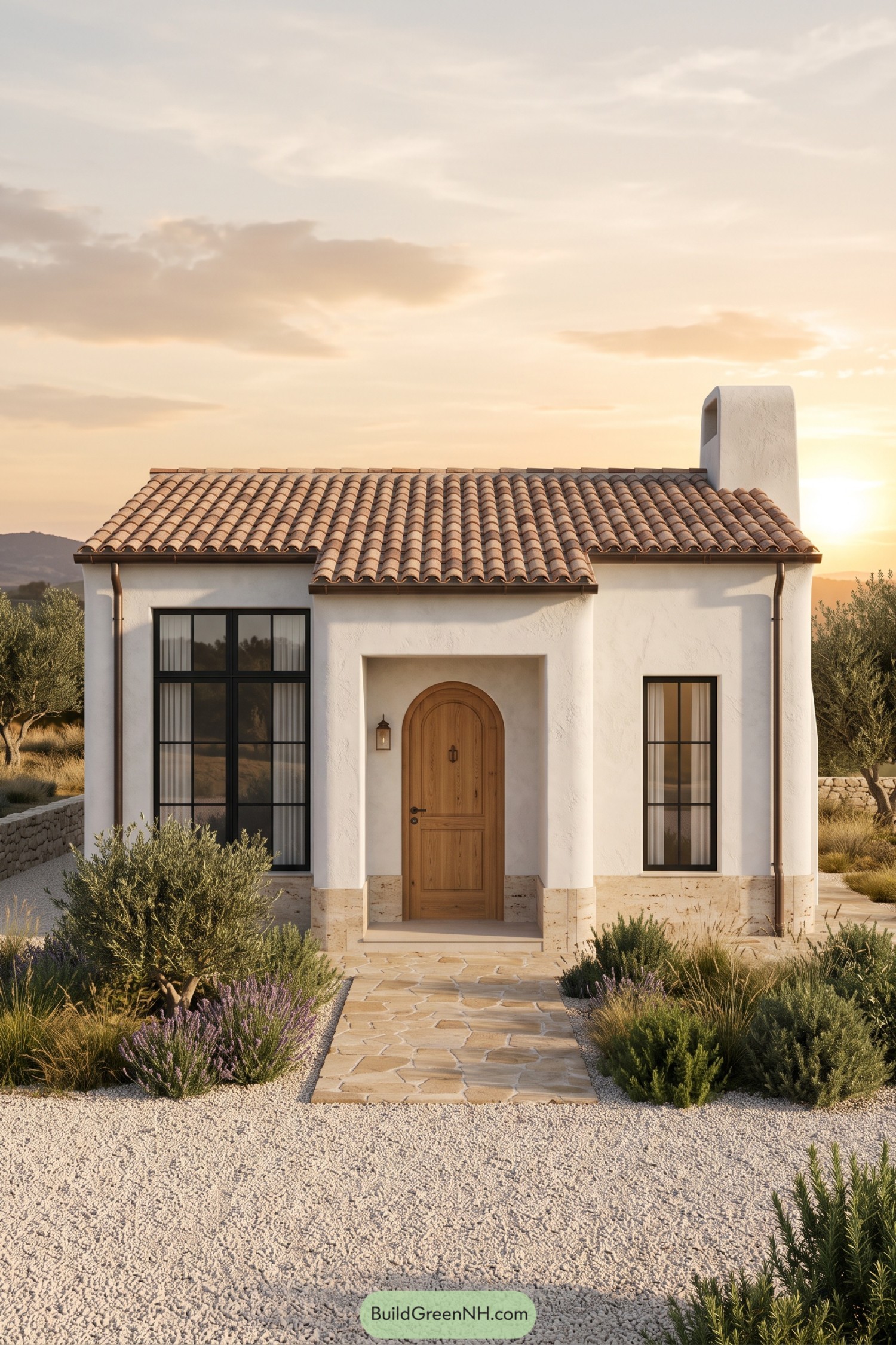 Mediterranean house with white stucco walls, a terracotta roof, an arched wooden door, and olive trees beside a stone path