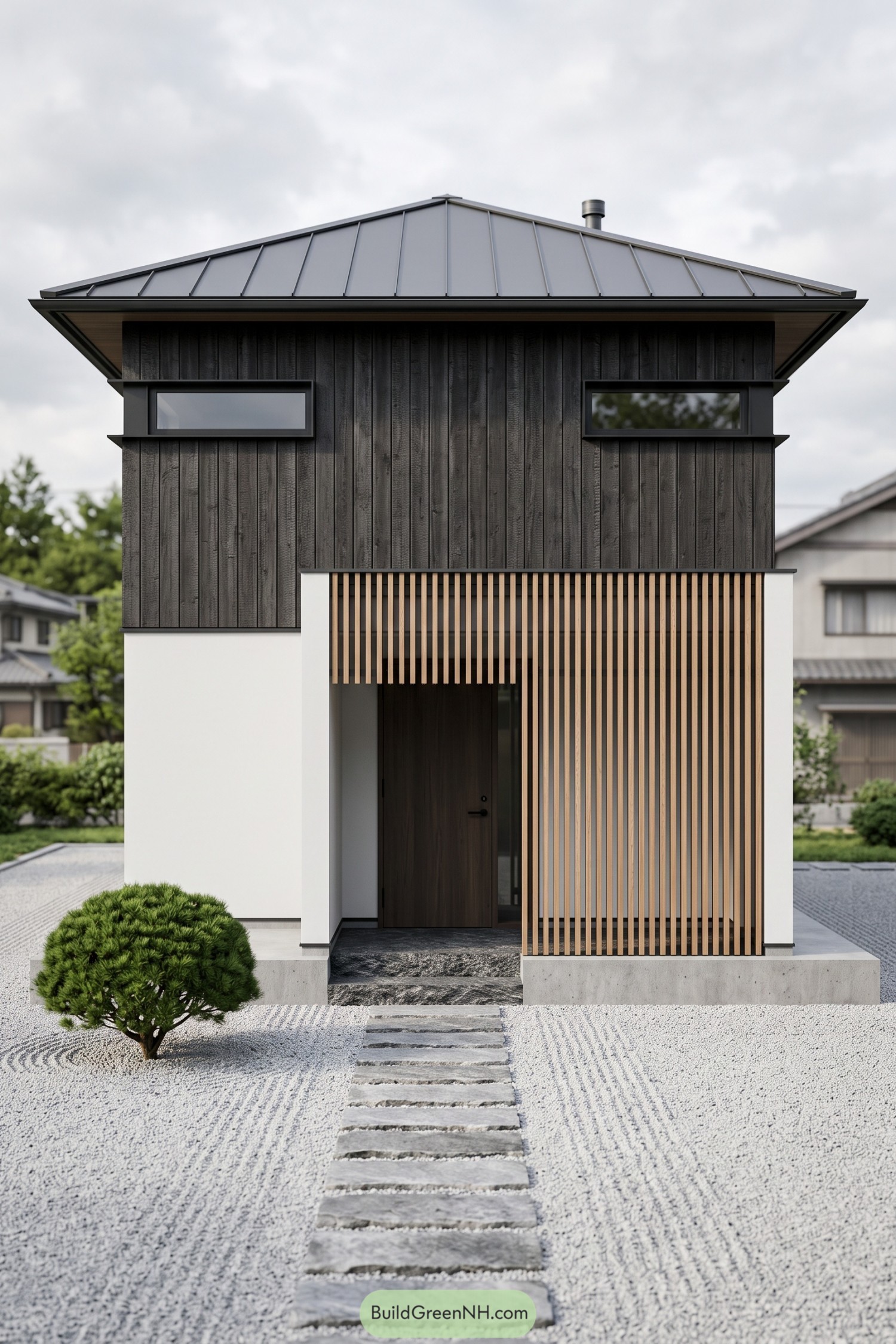 Compact two-story house with dark timber cladding white lower walls a wooden entry screen and a raked gravel garden